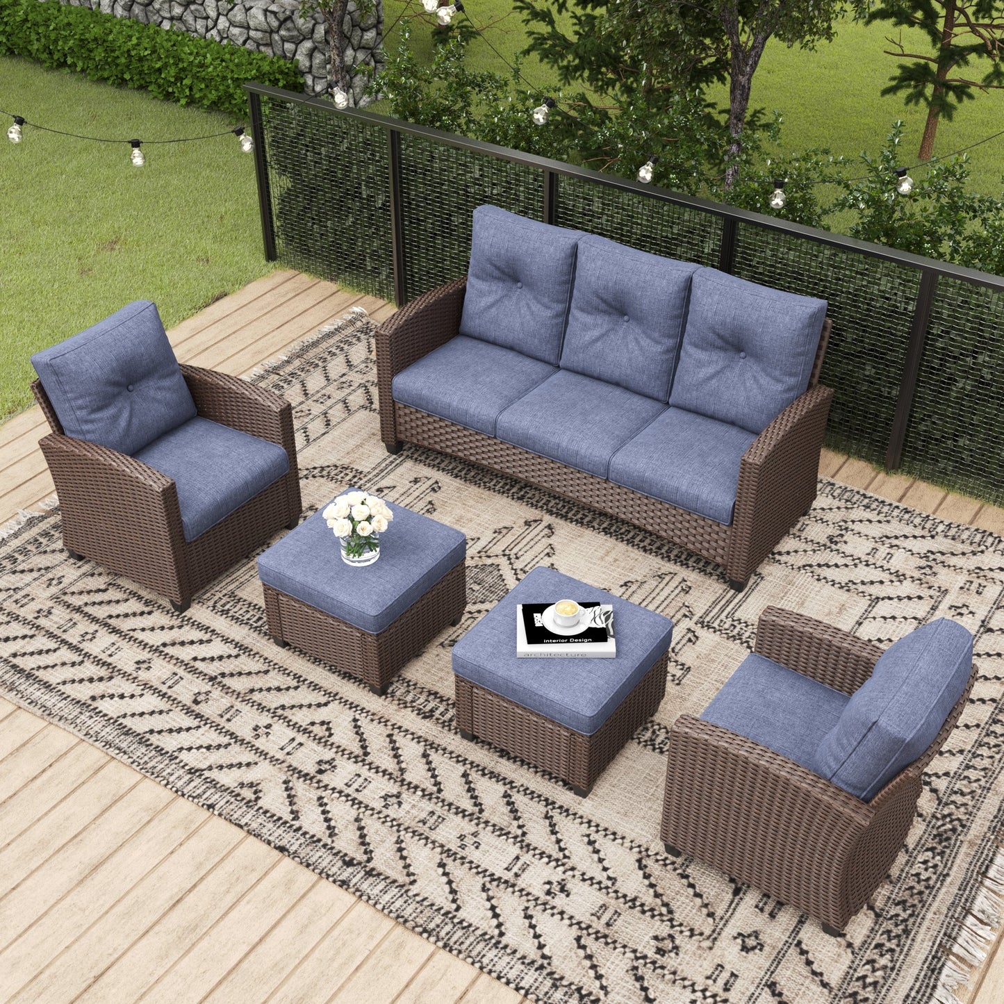LayinSun 5 Pieces Traditional Patio Furniture Set with Wicker Armchair Chairs