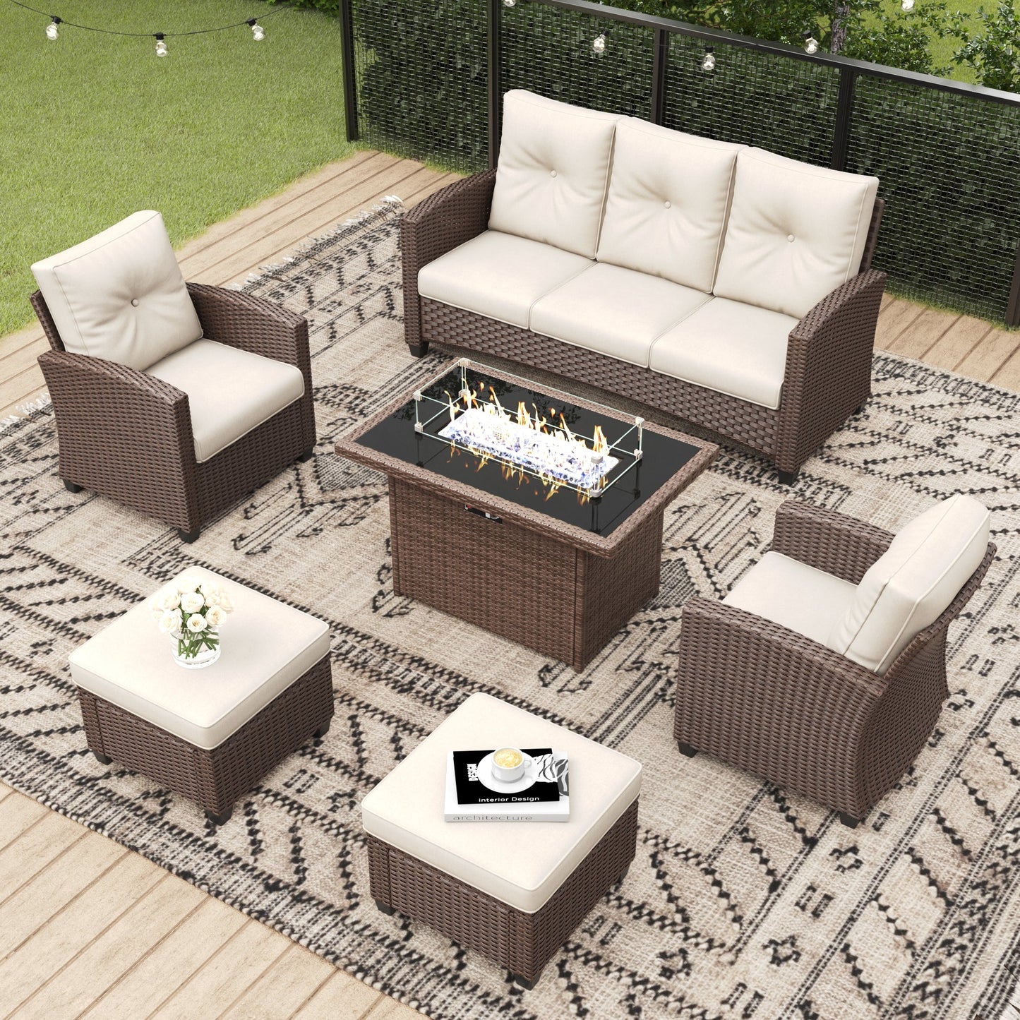 LayinSun 6 Pieces Traditional Patio Furniture Set with Wicker Armchair Chairs & Fire Pit Table
