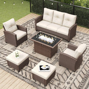 LayinSun 6 Pieces Traditional Patio Furniture Set with Wicker Armchair Chairs & Fire Pit Table