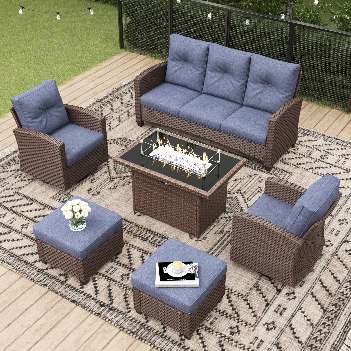 LayinSun 6 Pieces Traditional Patio Furniture Set with Wicker Armchair Chairs & Fire Pit Table