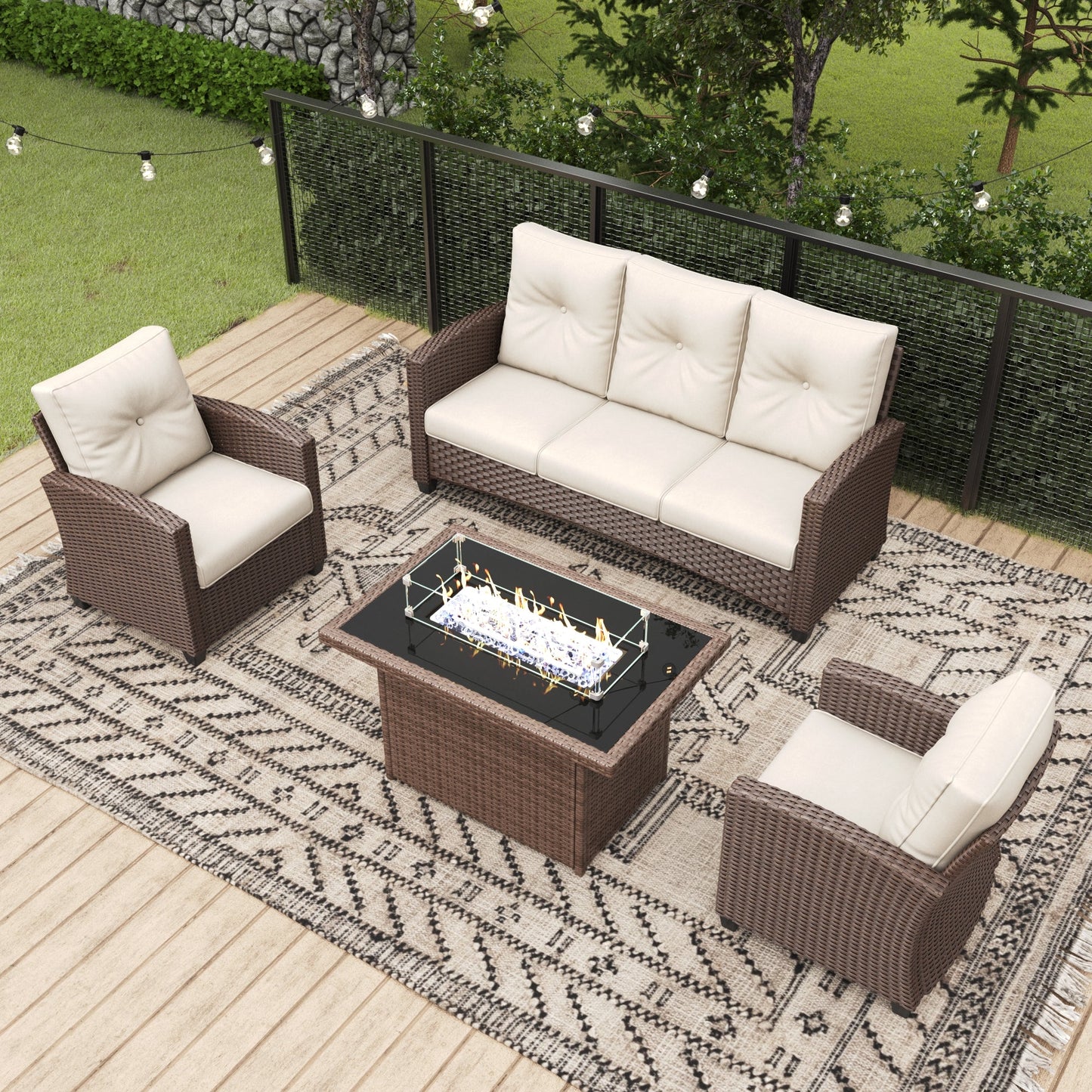 LayinSun 4 Pieces Traditional Patio Furniture Set with Wicker Armchair Chairs & Fire Pit Table