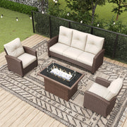 LayinSun 4 Pieces Traditional Patio Furniture Set with Wicker Armchair Chairs & Fire Pit Table