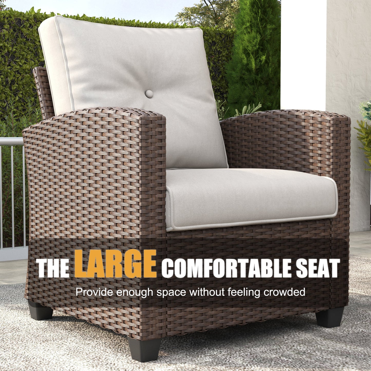 LayinSun 6 Pieces Traditional Patio Furniture Set with Wicker Armchair Chairs & Fire Pit Table