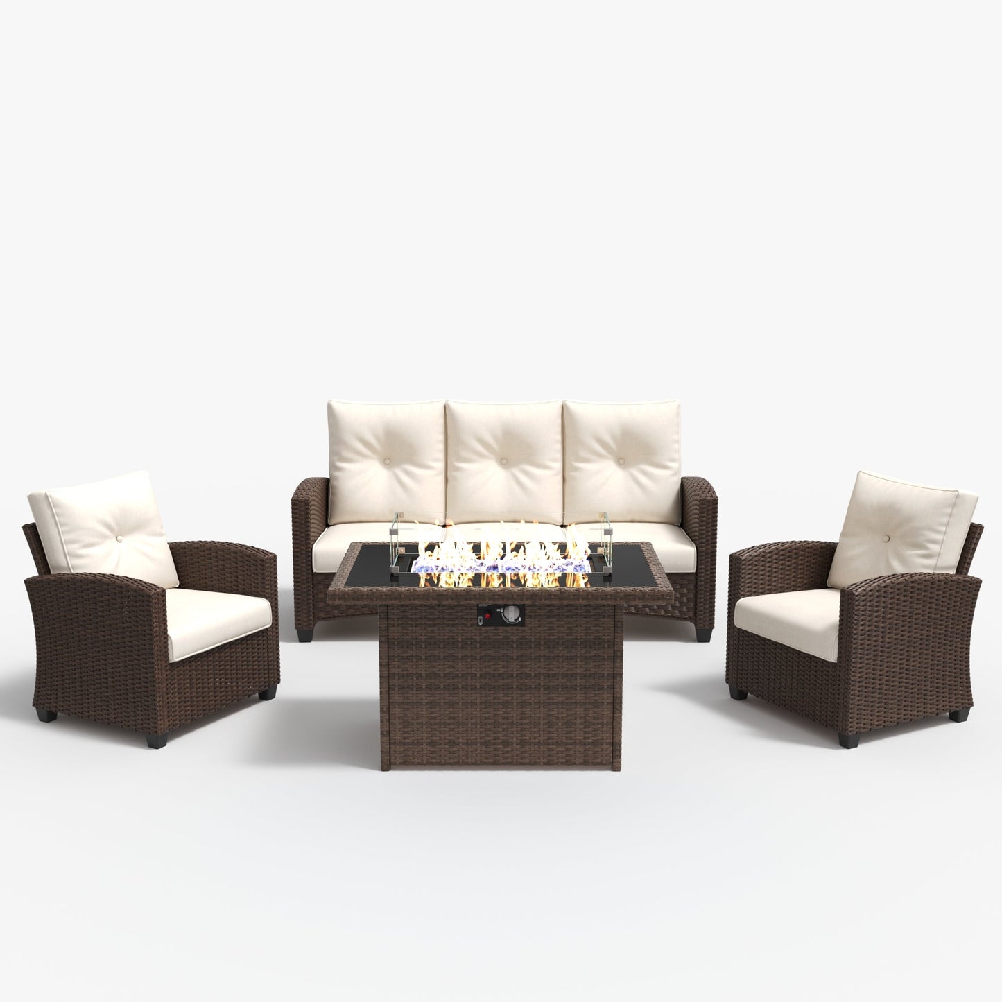 LayinSun 4 Pieces Traditional Patio Furniture Set with Wicker Armchair Chairs & Fire Pit Table