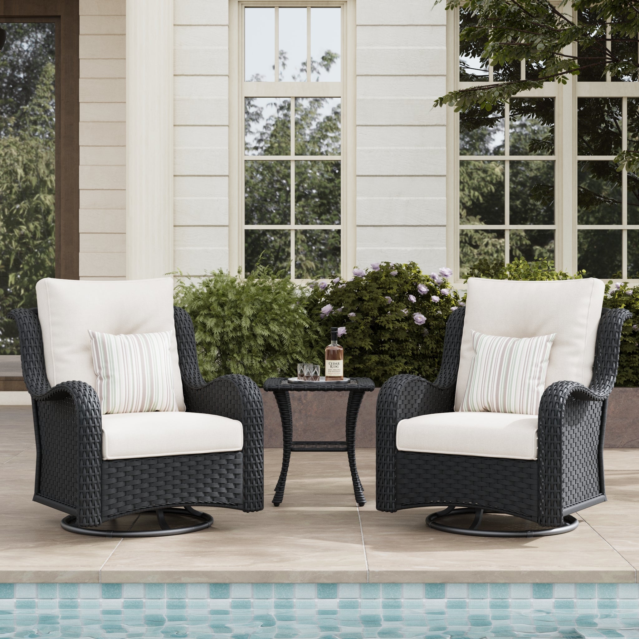LayinSun 3 - Piece Curved Armrest Wicker Swivel Glider Lounge Chairs Set