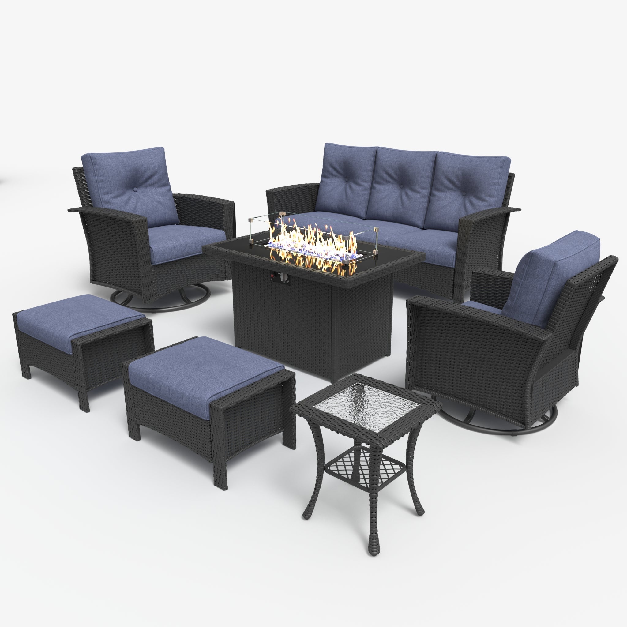 LayinSun 7 Piece Patio Set with wicker Swivel Rocking Chairs and Fire Pit