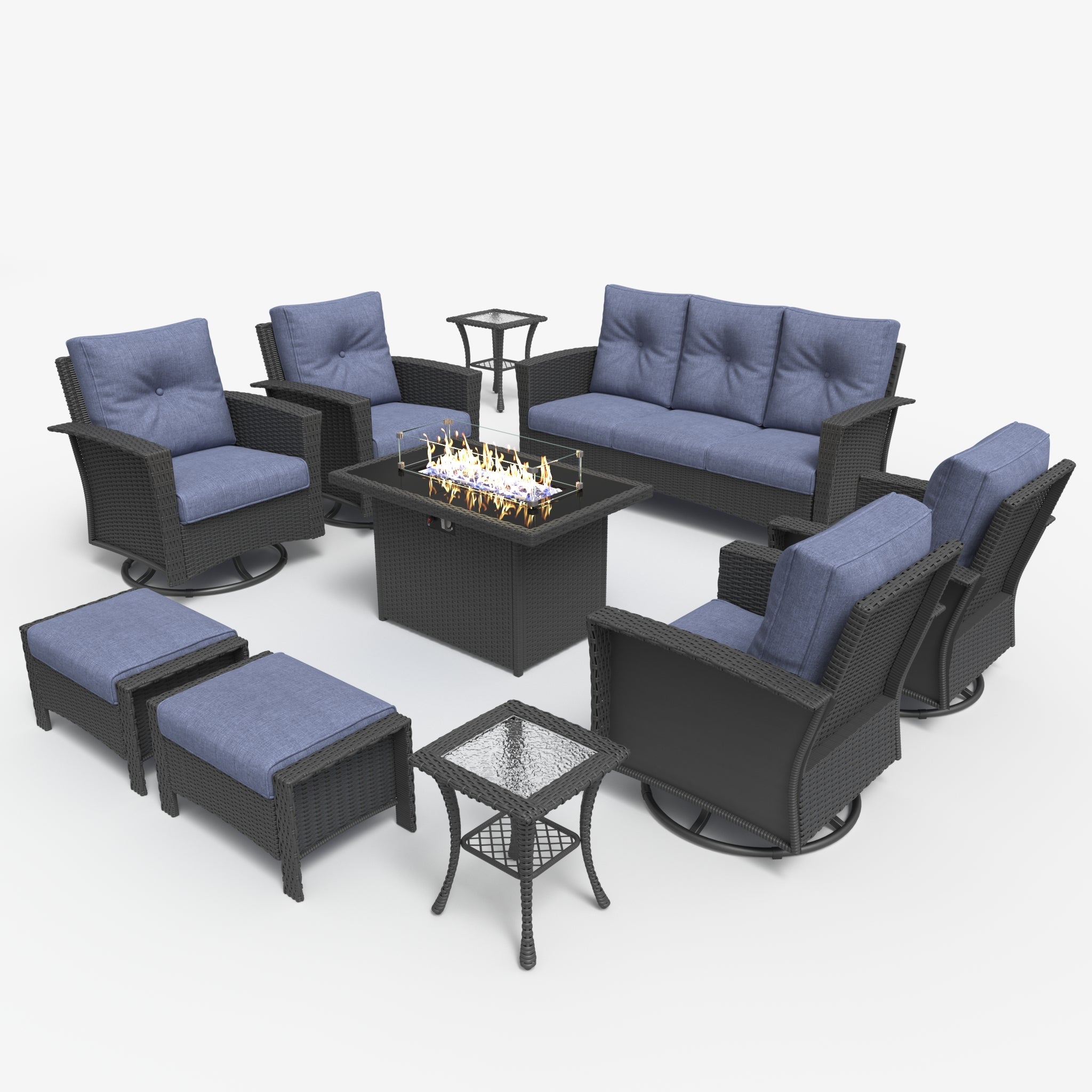 LayinSun 10 Piece Patio Set with wicker Swivel Rocking Chairs and Fire Pit