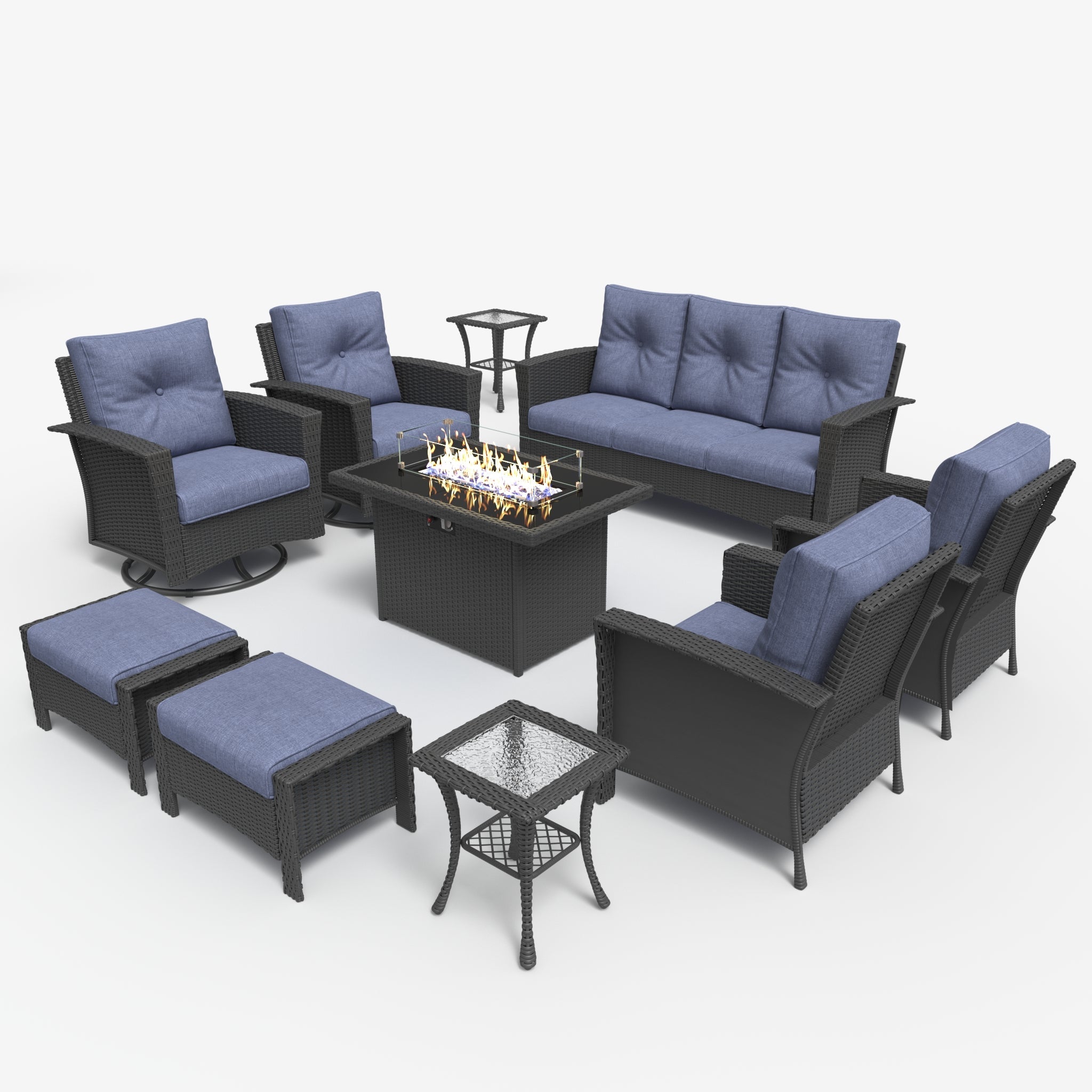 LayinSun 10 Piece Patio Set with wicker Swivel Rocking Chairs and Fire Pit