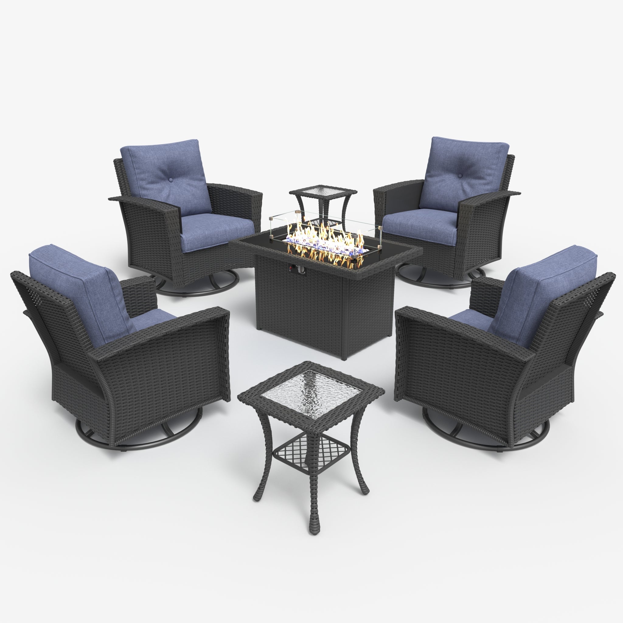 LayinSun 7 Piece Patio Set with wicker Swivel Rocking Chairs and Fire Pit