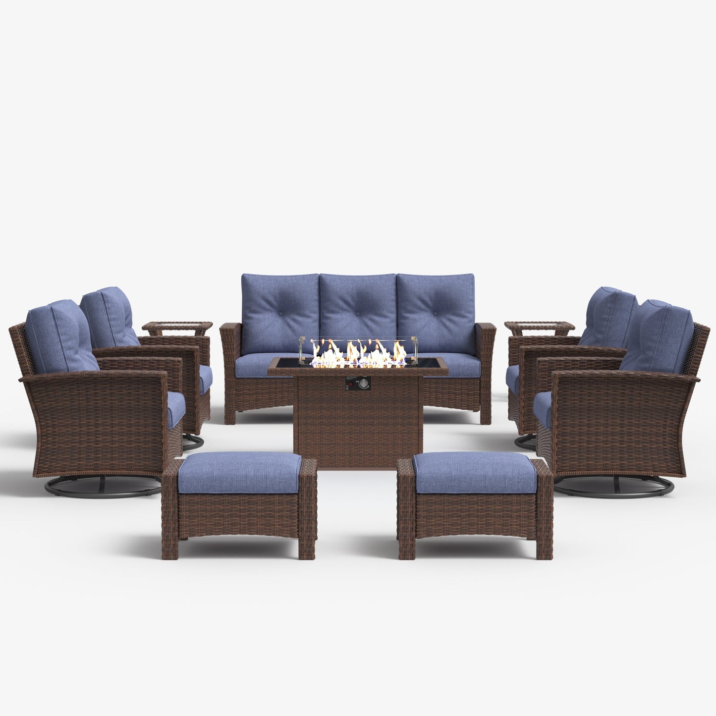 LayinSun 10 Piece Patio Set with wicker Swivel Rocking Chairs and Fire Pit