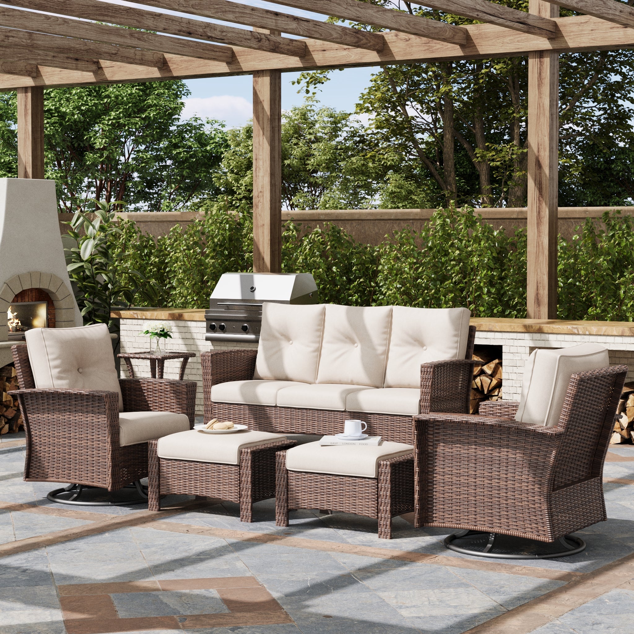 LayinSun 6 Piece Patio Set with wicker Swivel Rocking Chairs