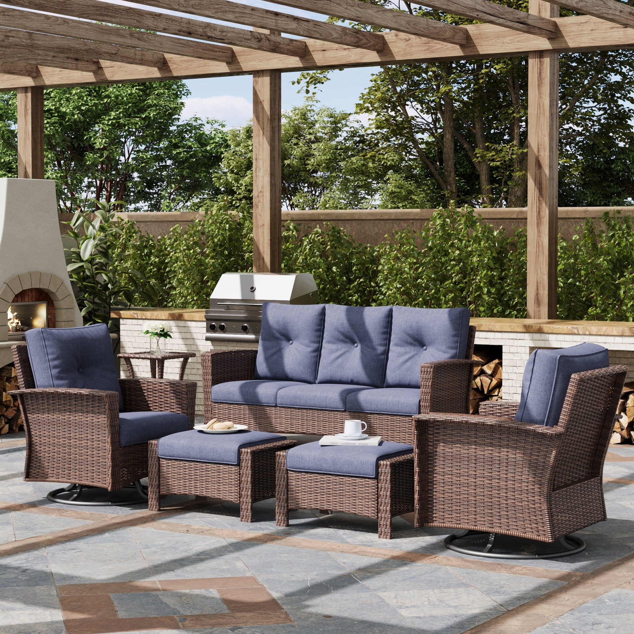 LayinSun 6 Piece Patio Set with wicker Swivel Rocking Chairs