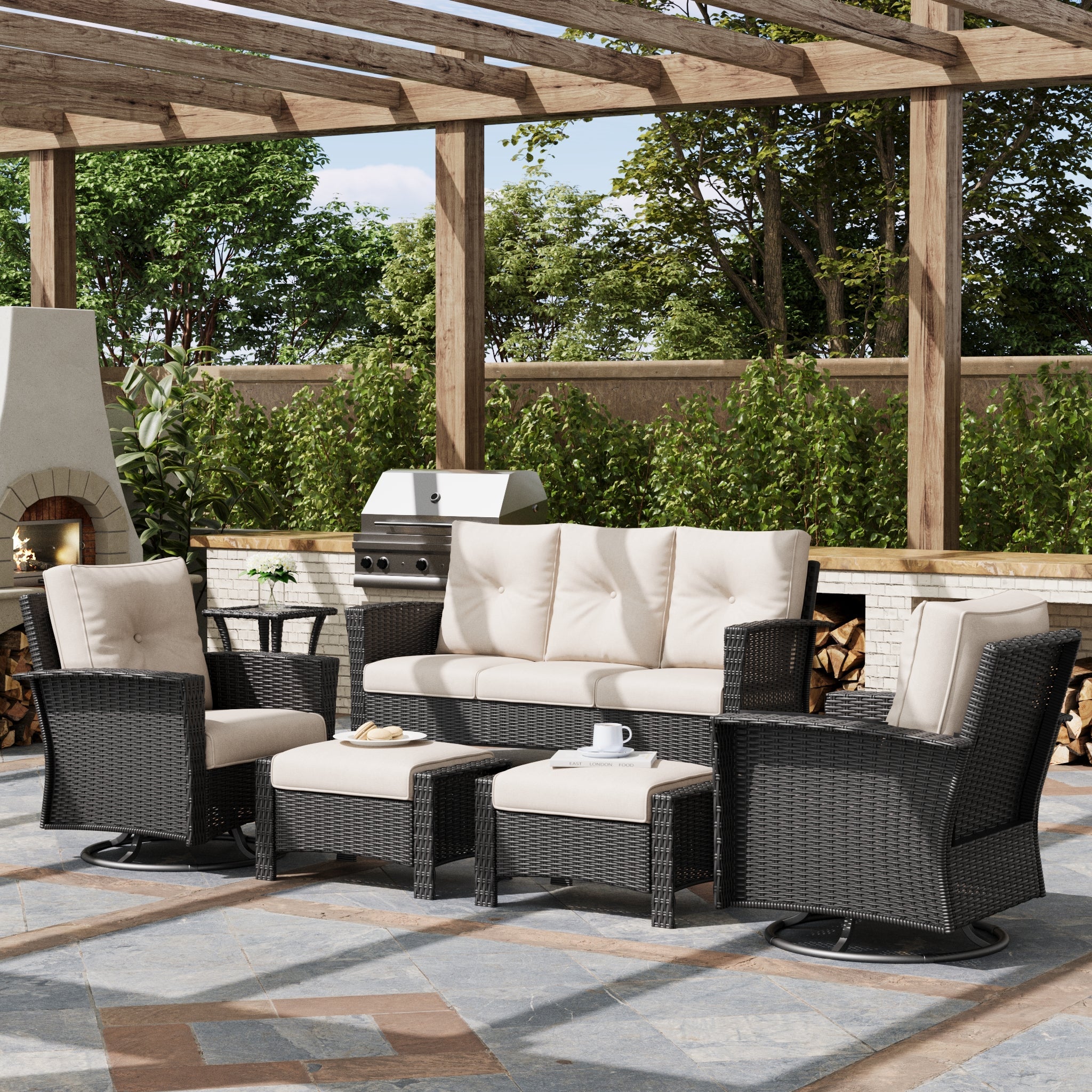 LayinSun 6 Piece Patio Set with wicker Swivel Rocking Chairs