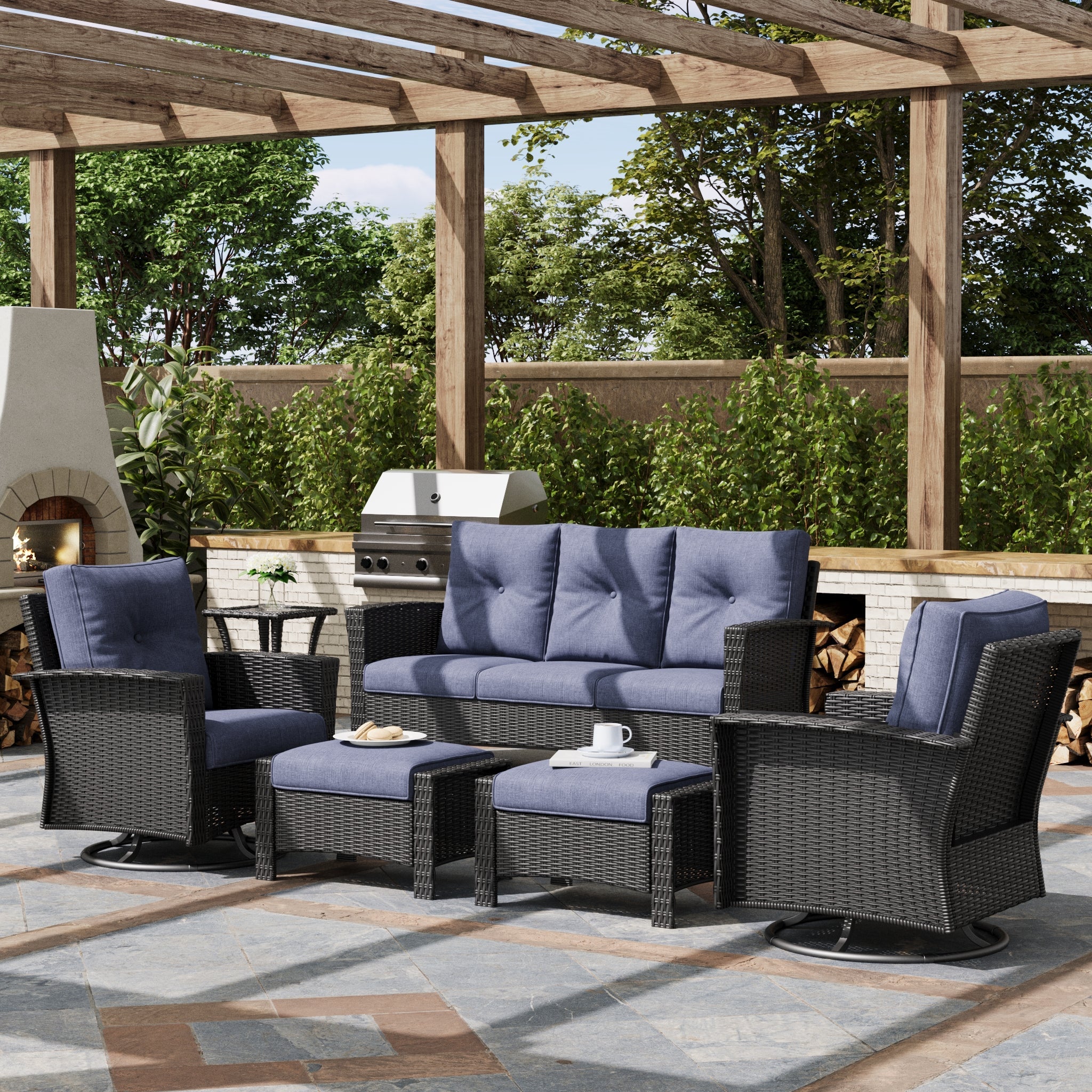 LayinSun 6 Piece Patio Set with wicker Swivel Rocking Chairs