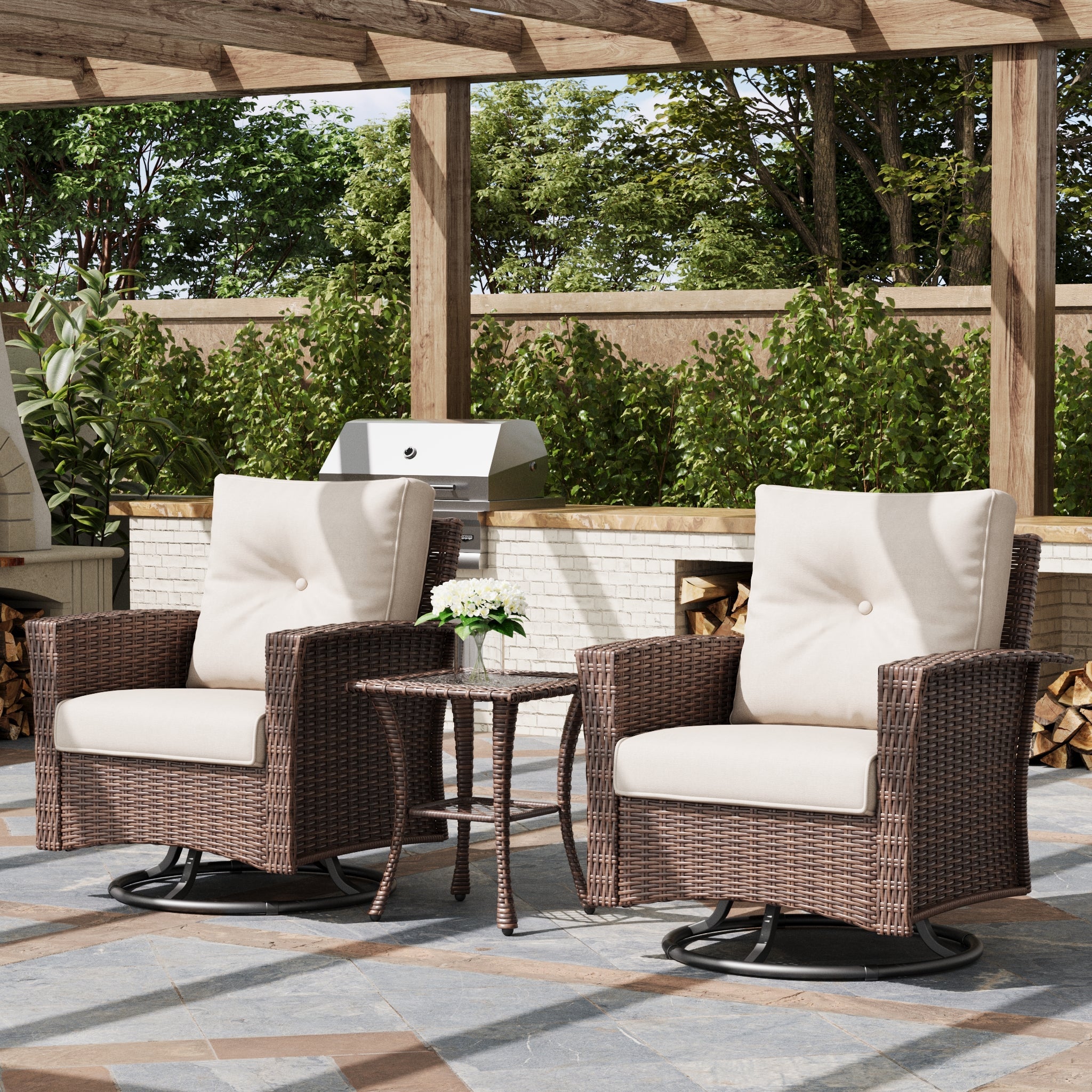 LayinSun 3 Piece Patio Set with wicker Swivel Rocking Chairs