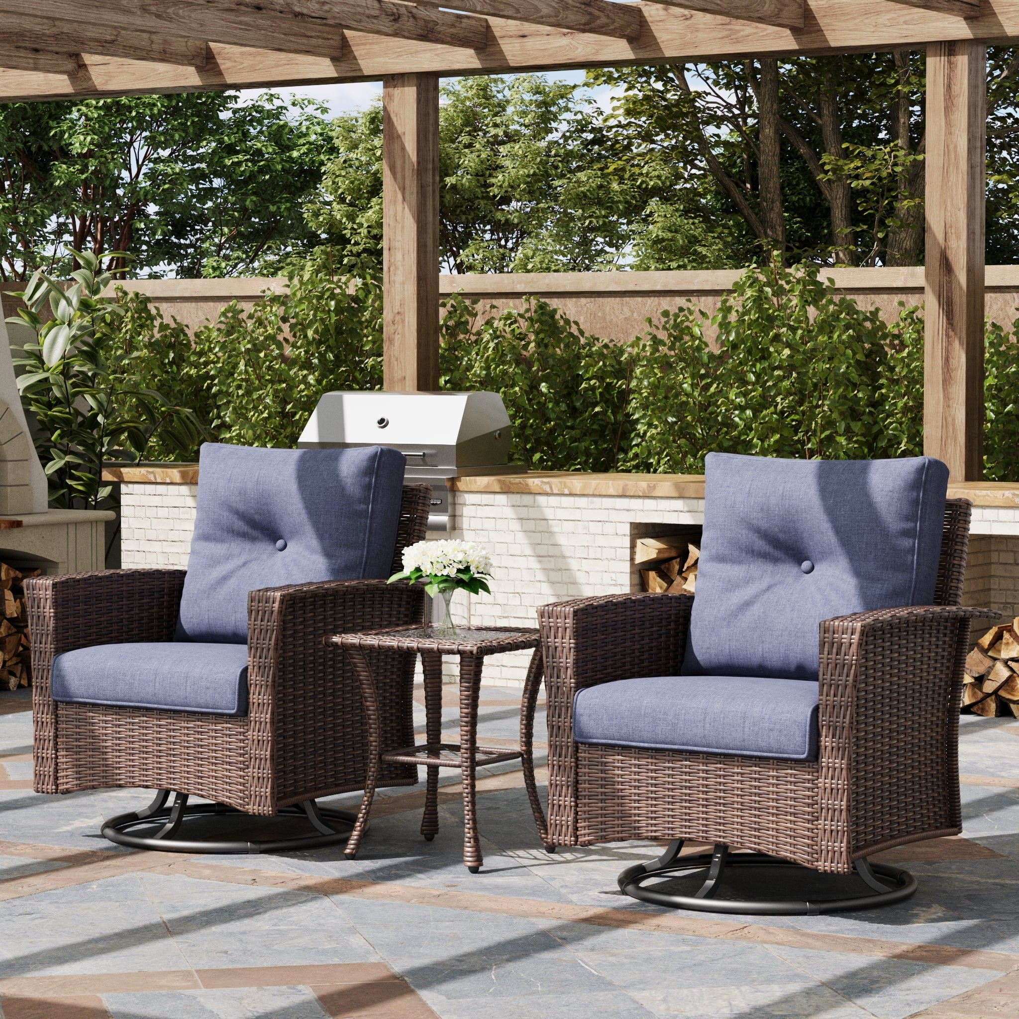 LayinSun 3 Piece Patio Set with wicker Swivel Rocking Chairs
