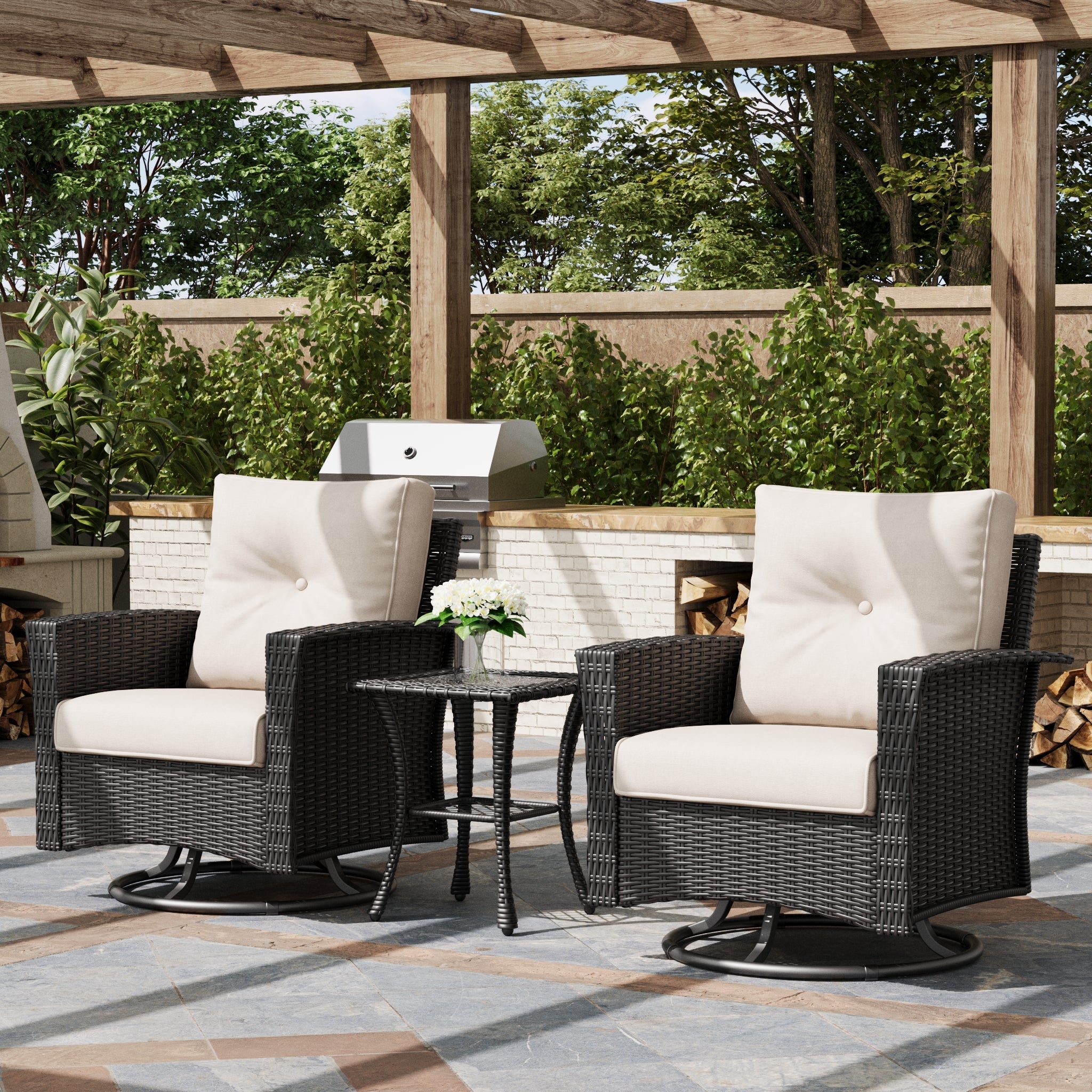 LayinSun 3 Piece Patio Set with wicker Swivel Rocking Chairs