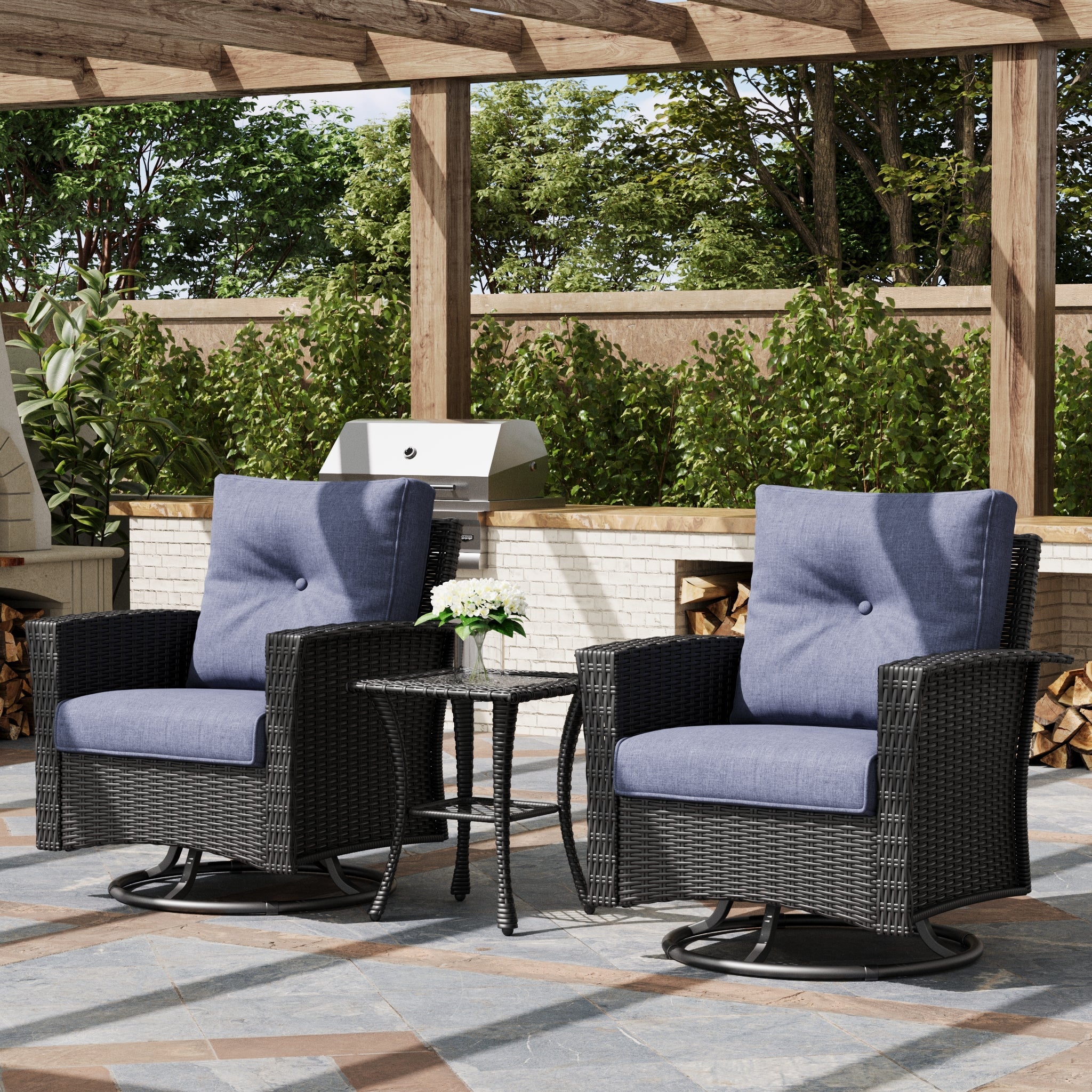 LayinSun 3 Piece Patio Set with wicker Swivel Rocking Chairs
