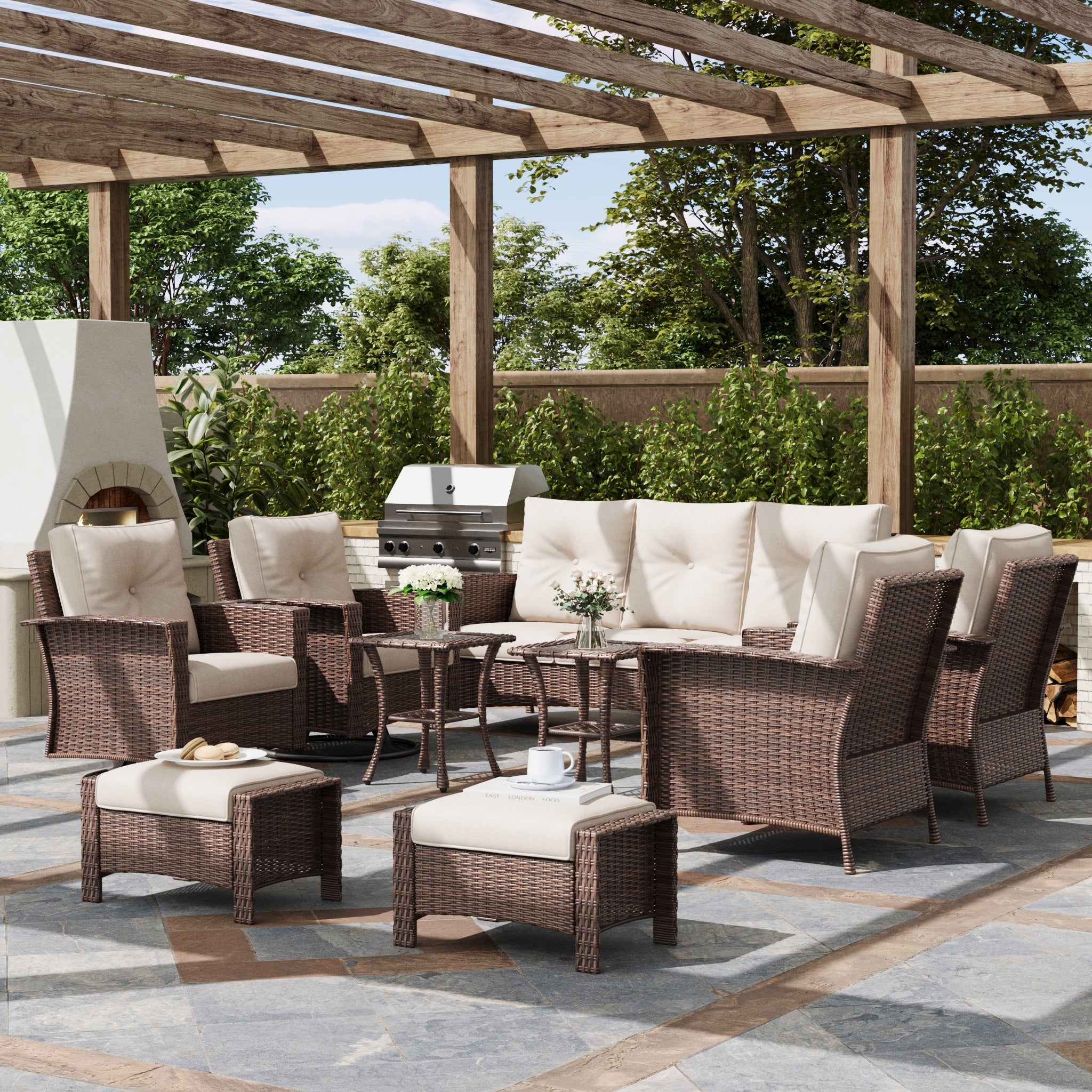 LayinSun 9 Piece Patio Set with wicker Swivel Rocking Chairs