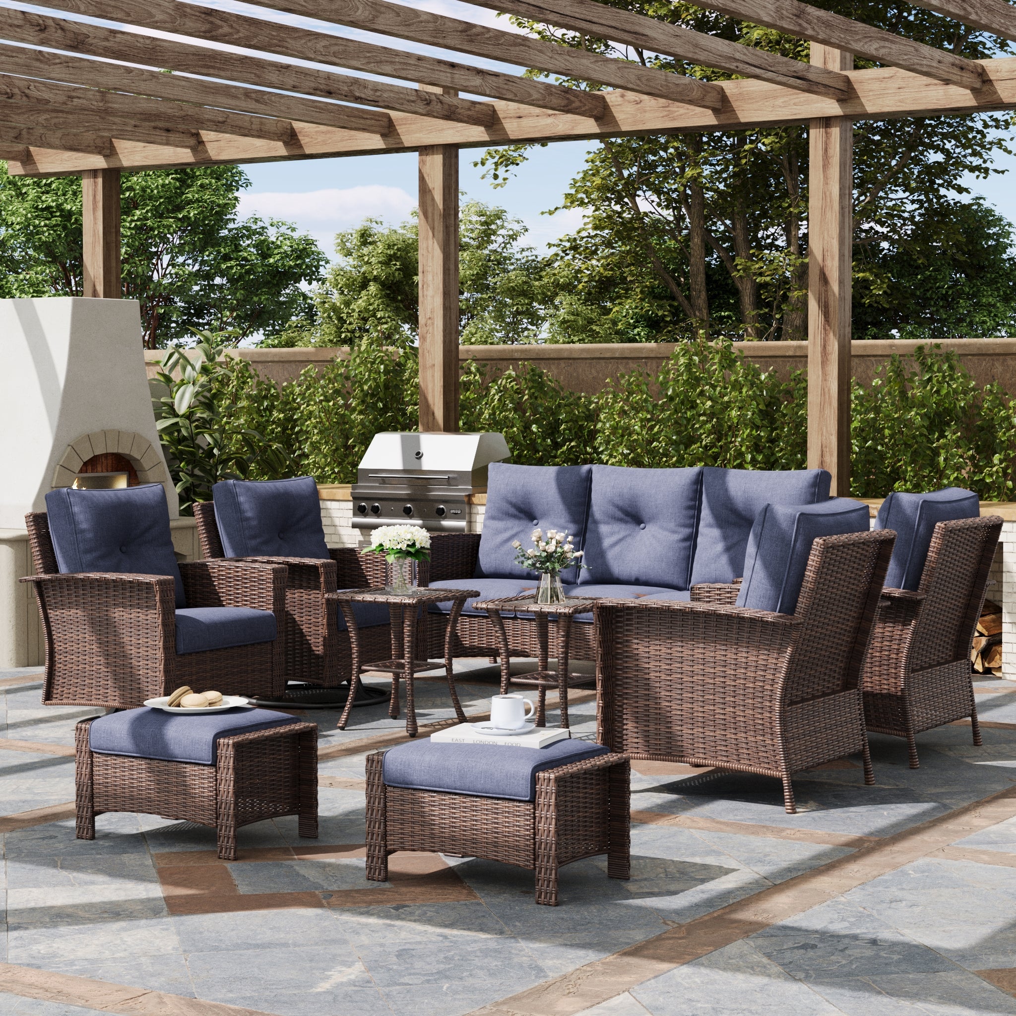 LayinSun 9 Piece Patio Set with wicker Swivel Rocking Chairs