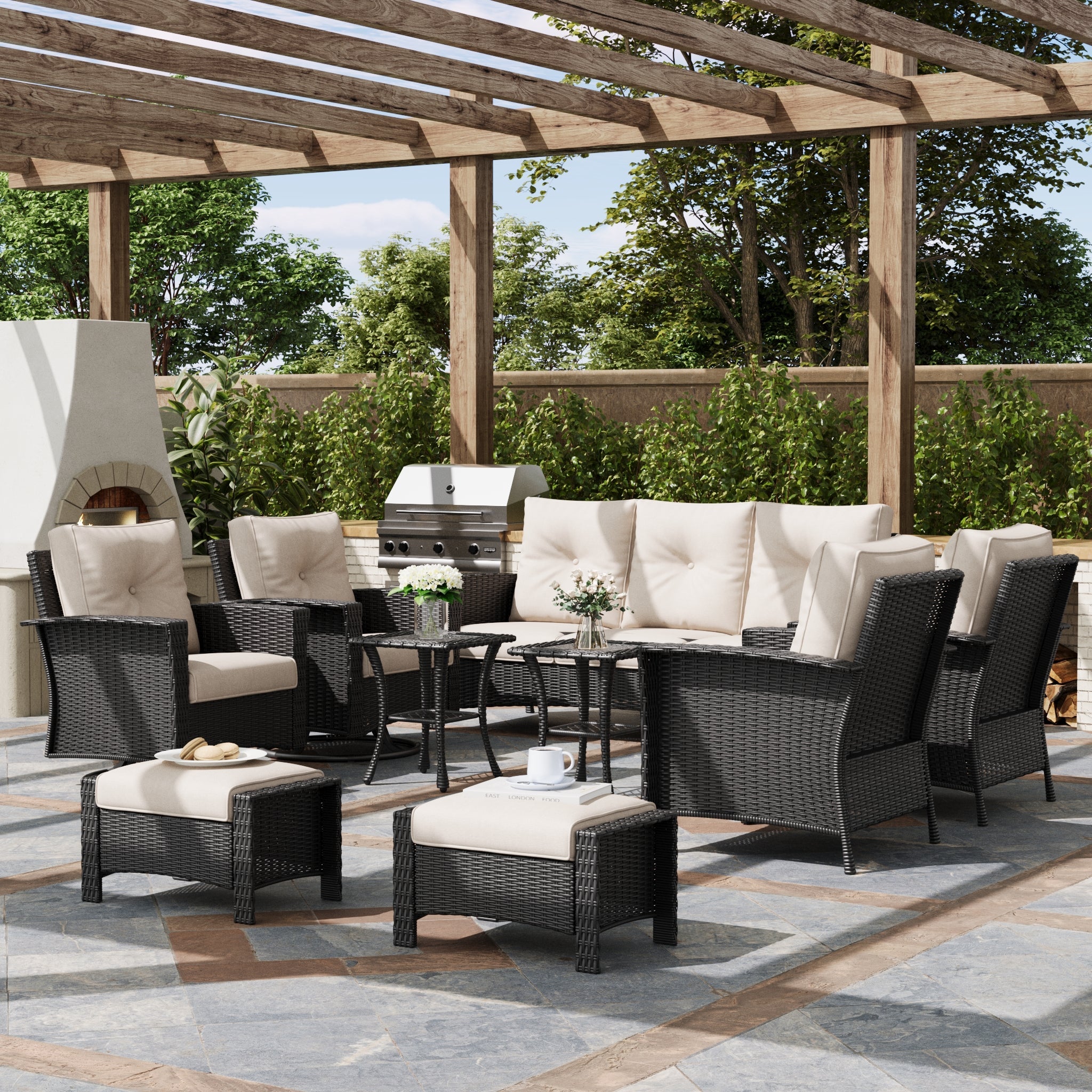 LayinSun 9 Piece Patio Set with wicker Swivel Rocking Chairs