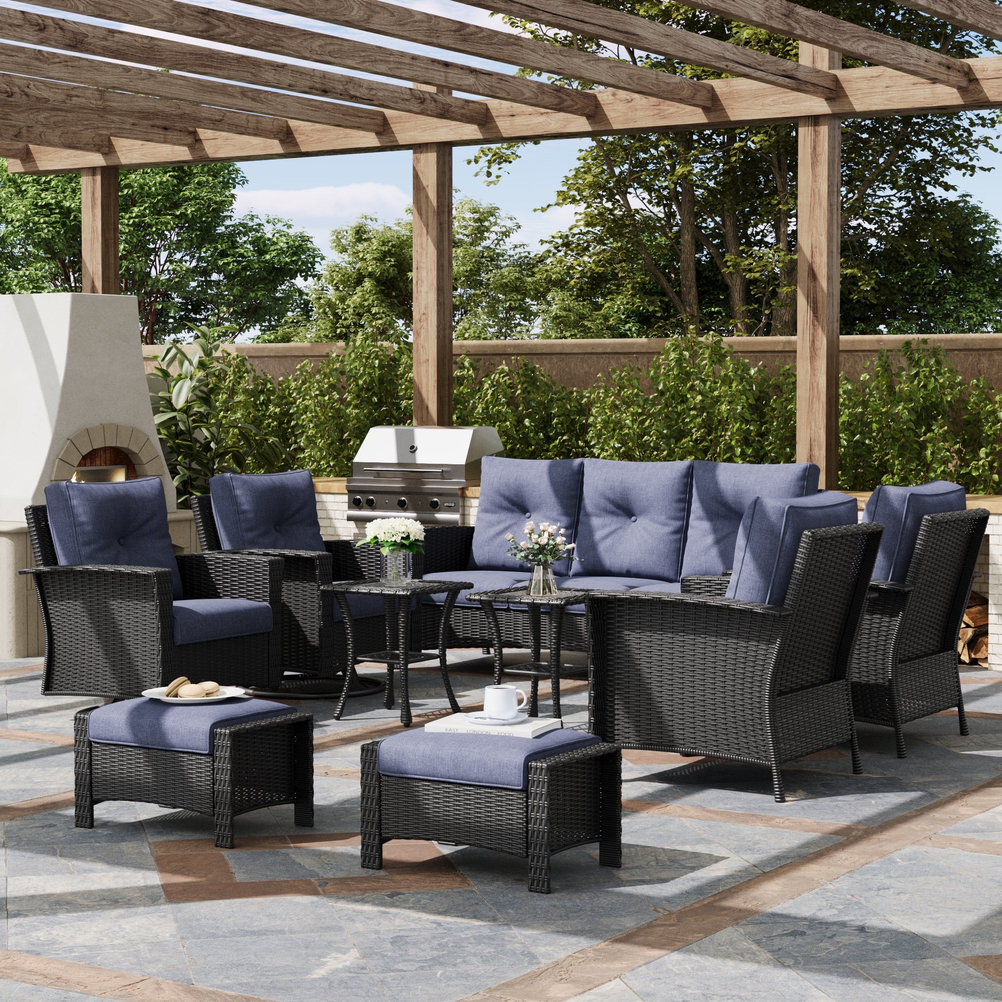 LayinSun 9 Piece Patio Set with wicker Swivel Rocking Chairs