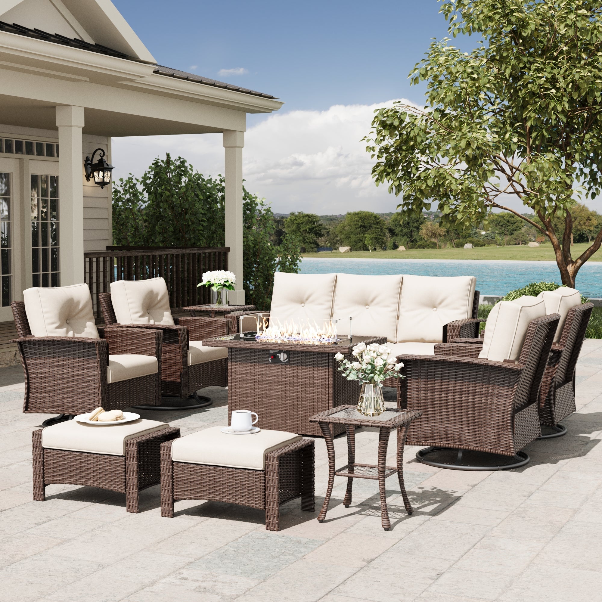 LayinSun 10 Piece Patio Set with wicker Swivel Rocking Chairs and Fire Pit