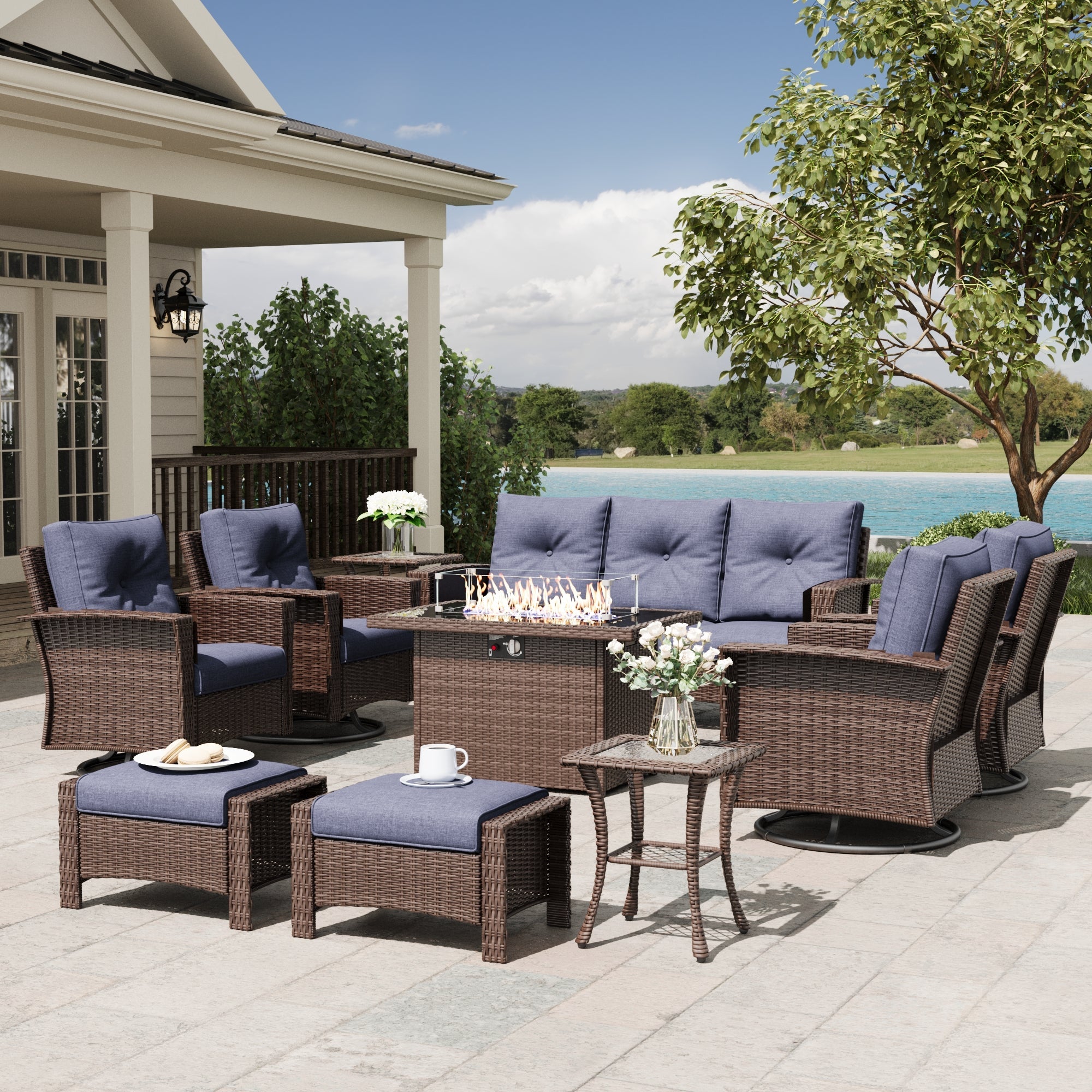 LayinSun 10 Piece Patio Set with wicker Swivel Rocking Chairs and Fire Pit