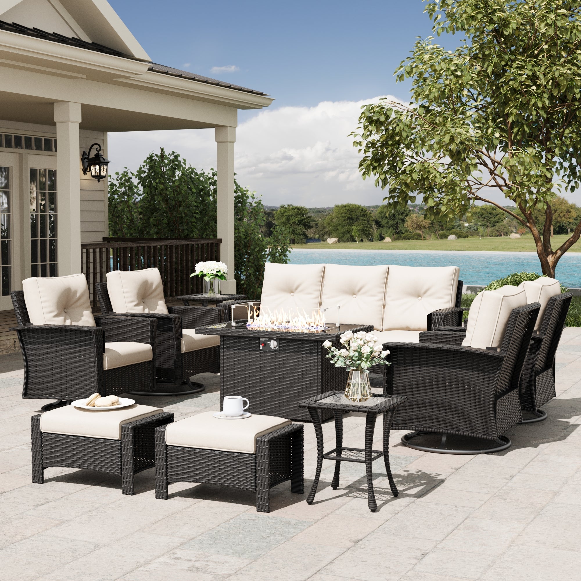 LayinSun 10 Piece Patio Set with wicker Swivel Rocking Chairs and Fire Pit