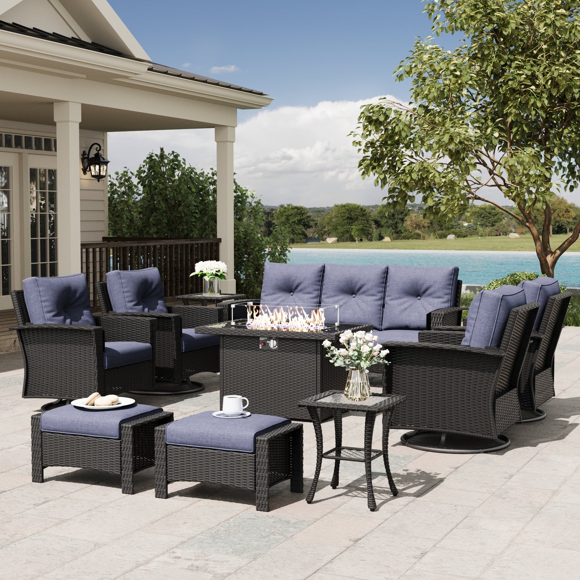 LayinSun 10 Piece Patio Set with wicker Swivel Rocking Chairs and Fire Pit