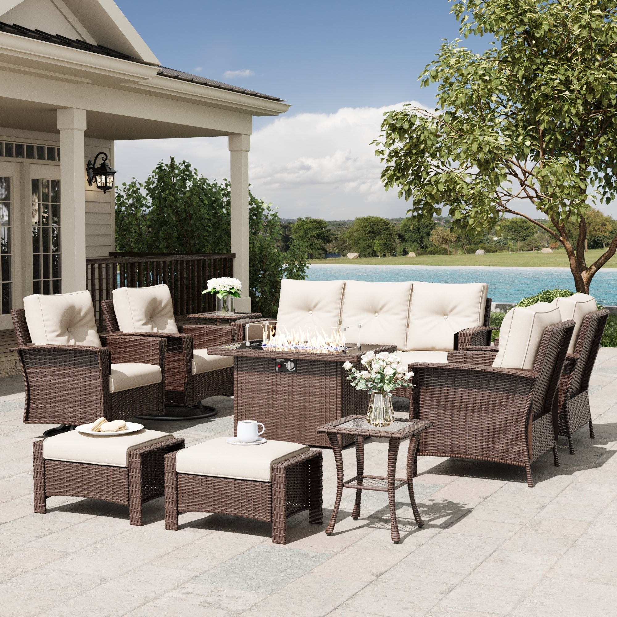 LayinSun 10 Piece Patio Set with wicker Swivel Rocking Chairs and Fire Pit
