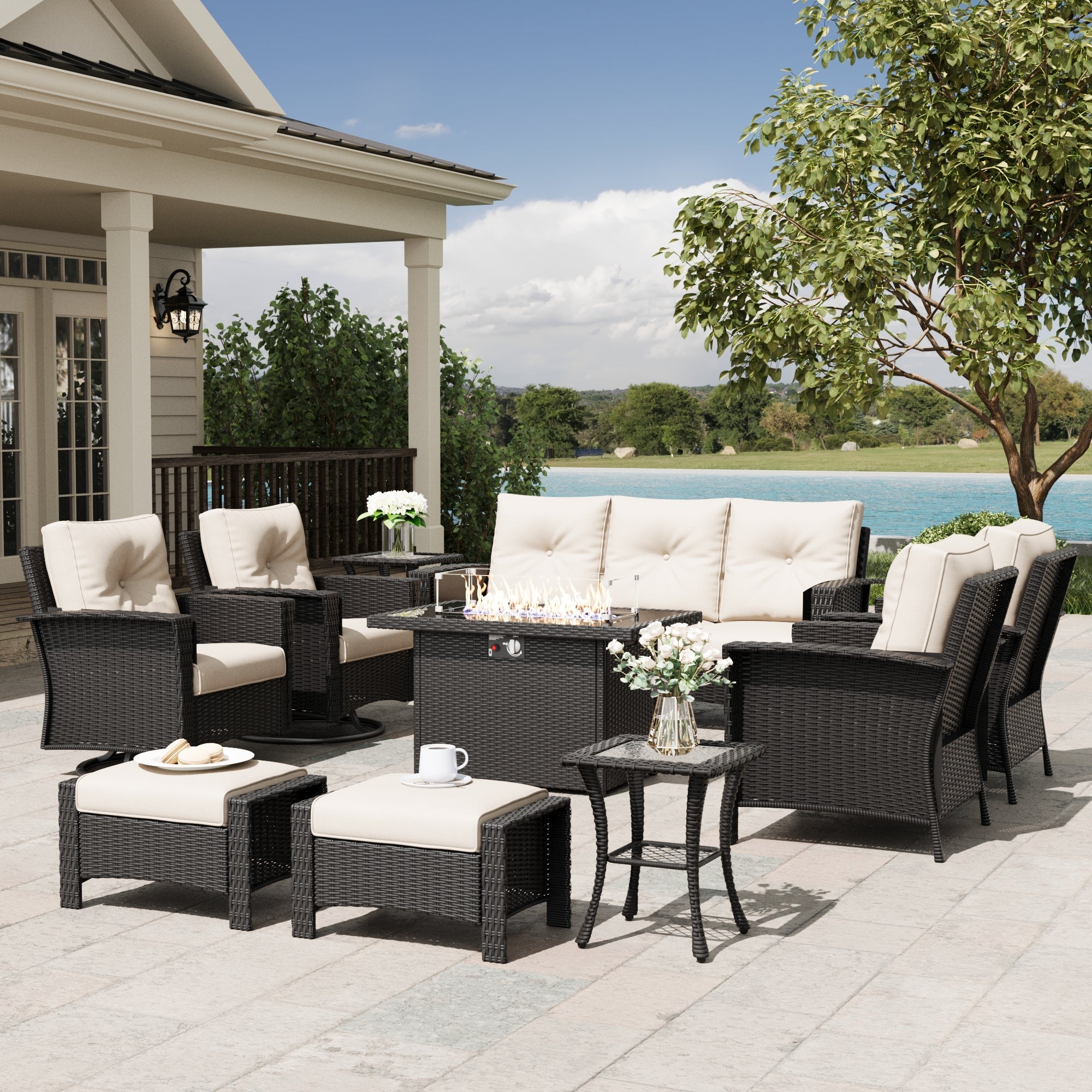 LayinSun 10 Piece Patio Set with wicker Swivel Rocking Chairs and Fire Pit