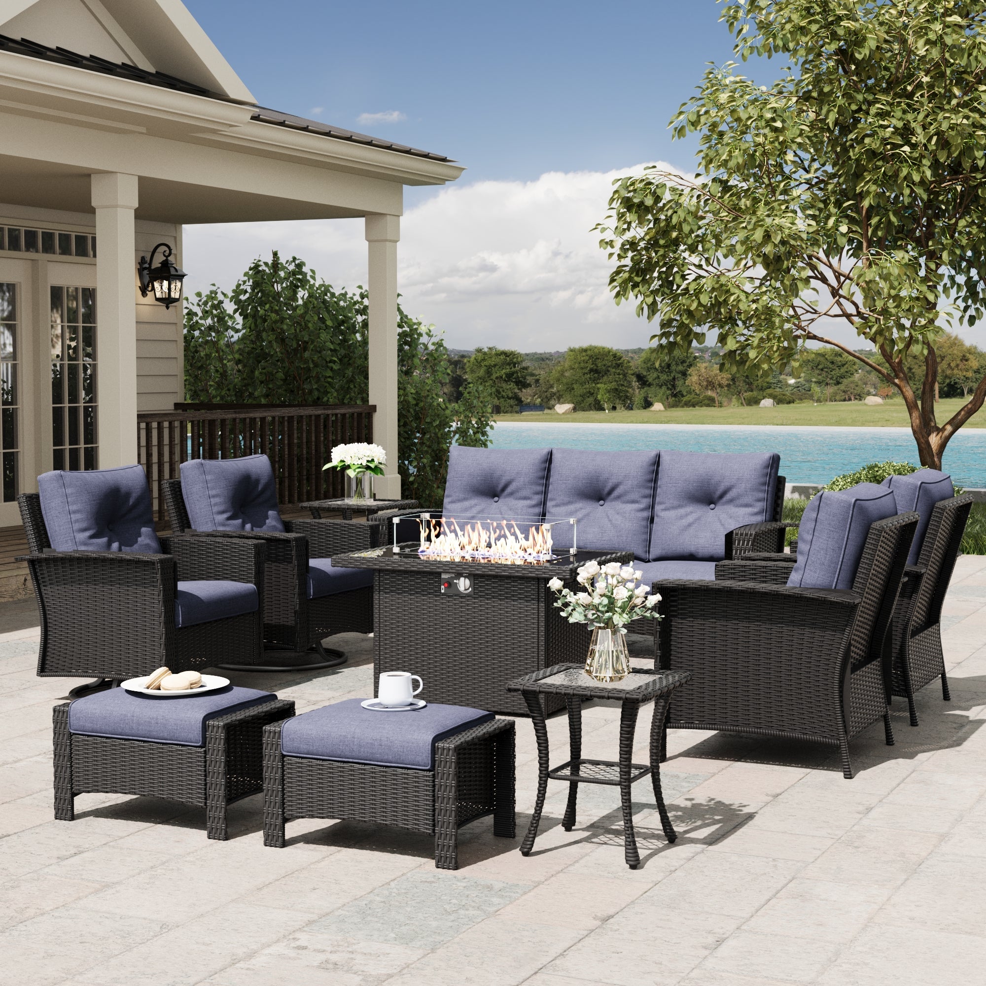 LayinSun 10 Piece Patio Set with wicker Swivel Rocking Chairs and Fire Pit
