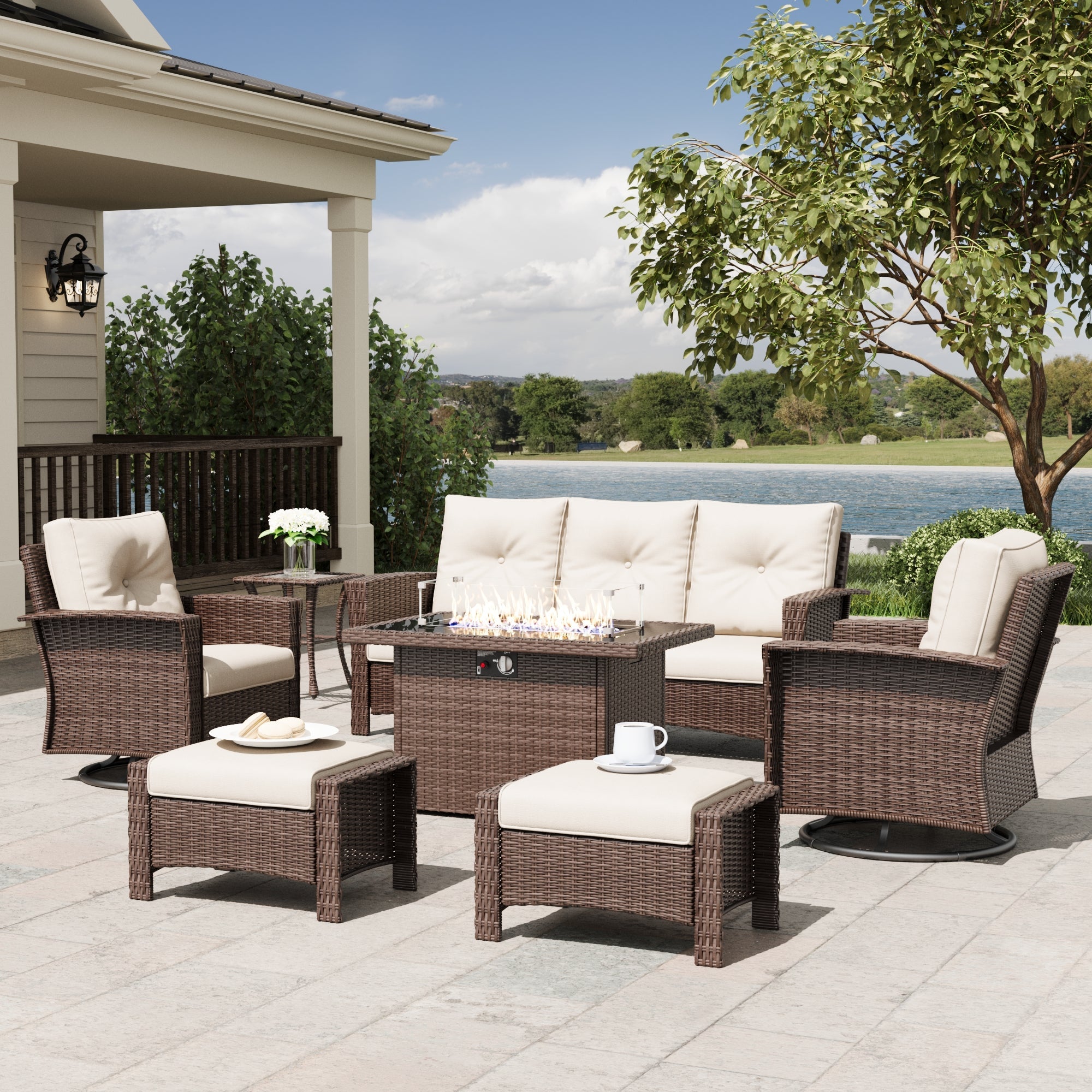 LayinSun 7 Piece Patio Set with wicker Swivel Rocking Chairs and Fire Pit