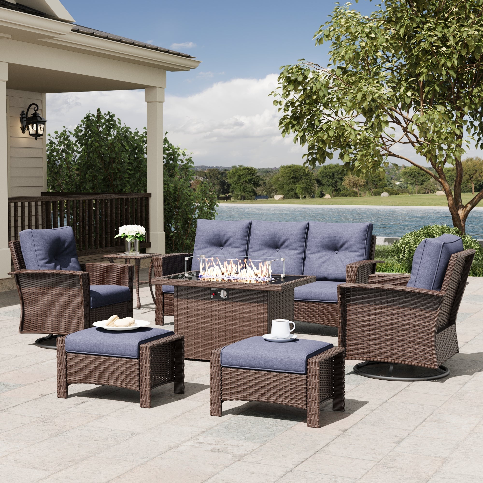 LayinSun 7 Piece Patio Set with wicker Swivel Rocking Chairs and Fire Pit