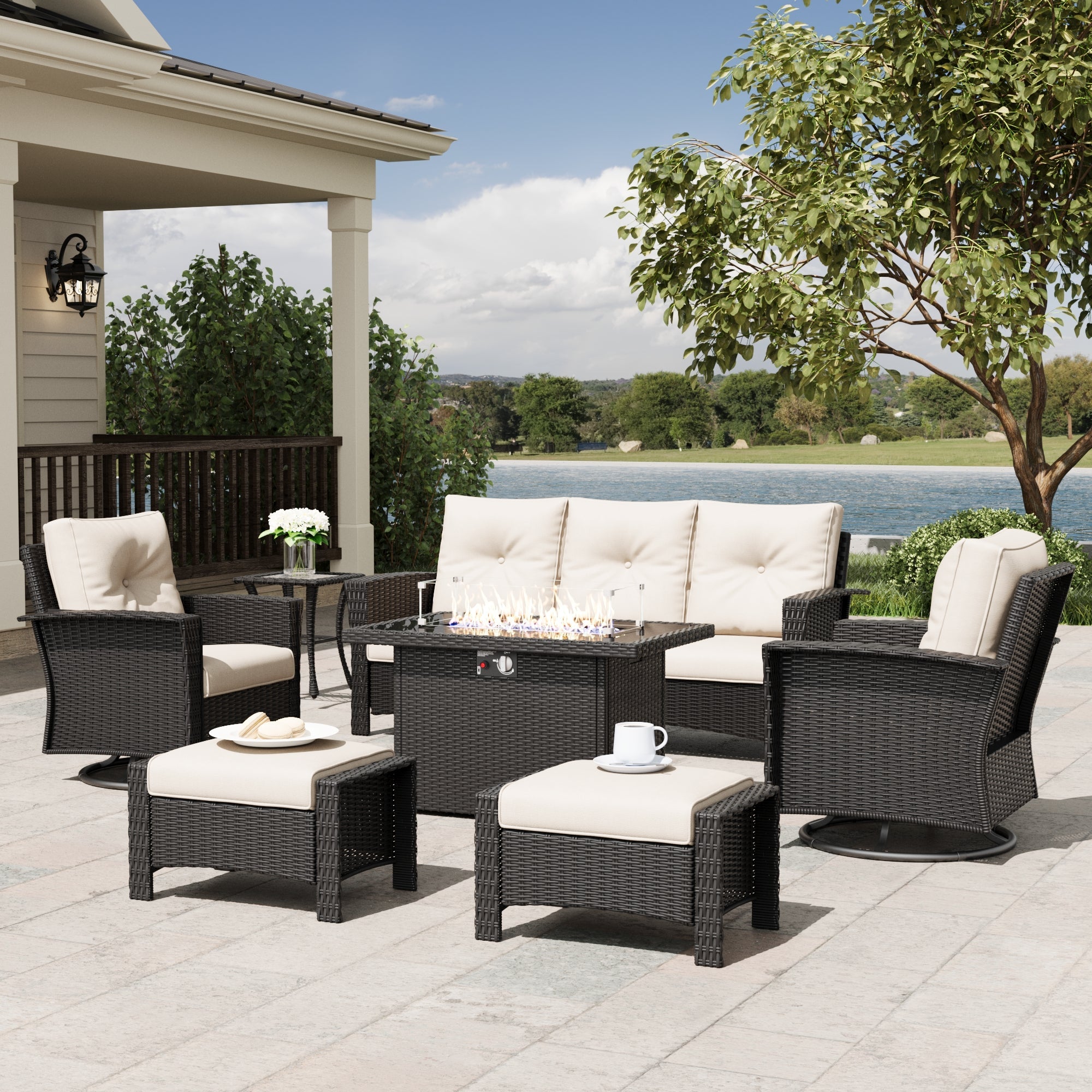LayinSun 7 Piece Patio Set with wicker Swivel Rocking Chairs and Fire Pit