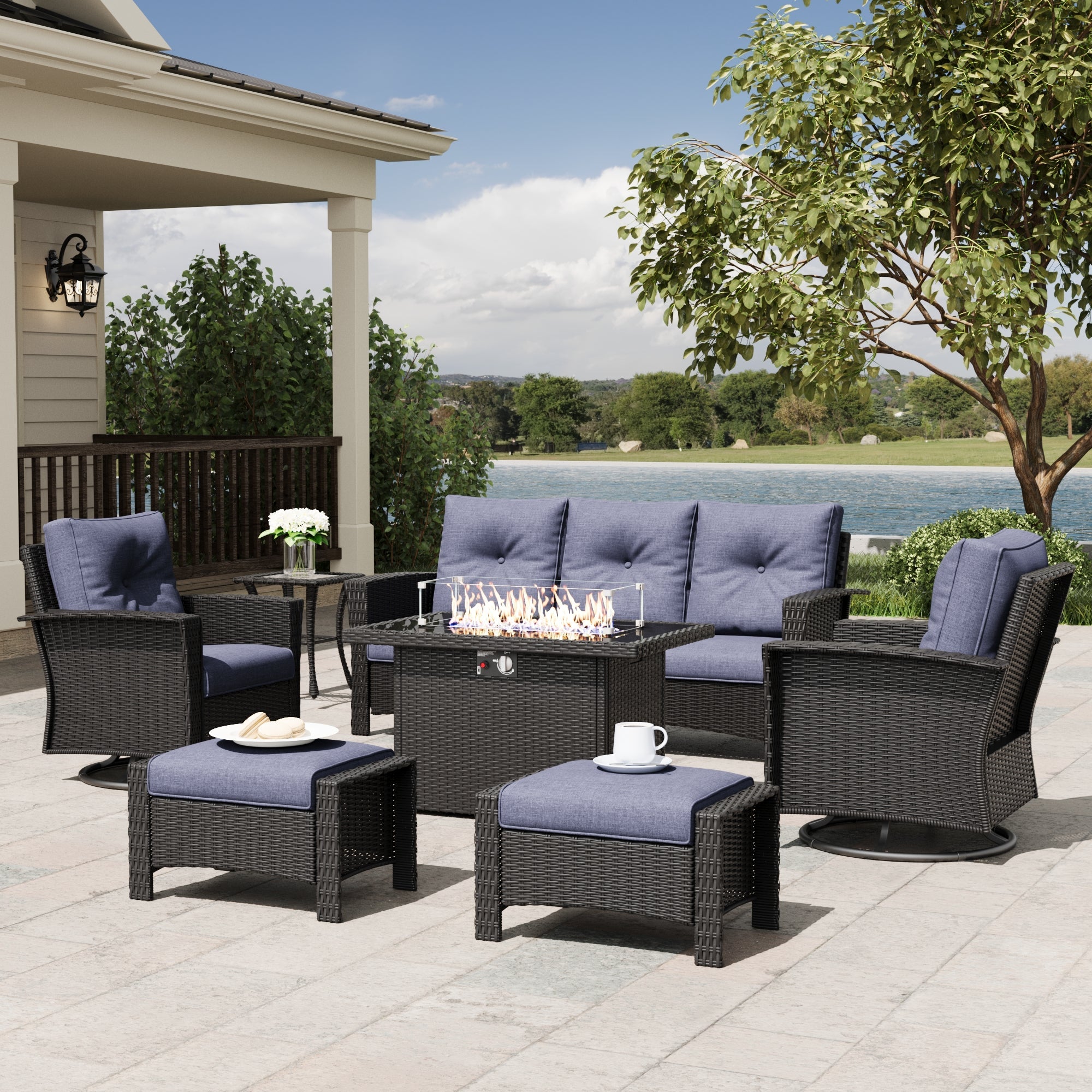 LayinSun 7 Piece Patio Set with wicker Swivel Rocking Chairs and Fire Pit