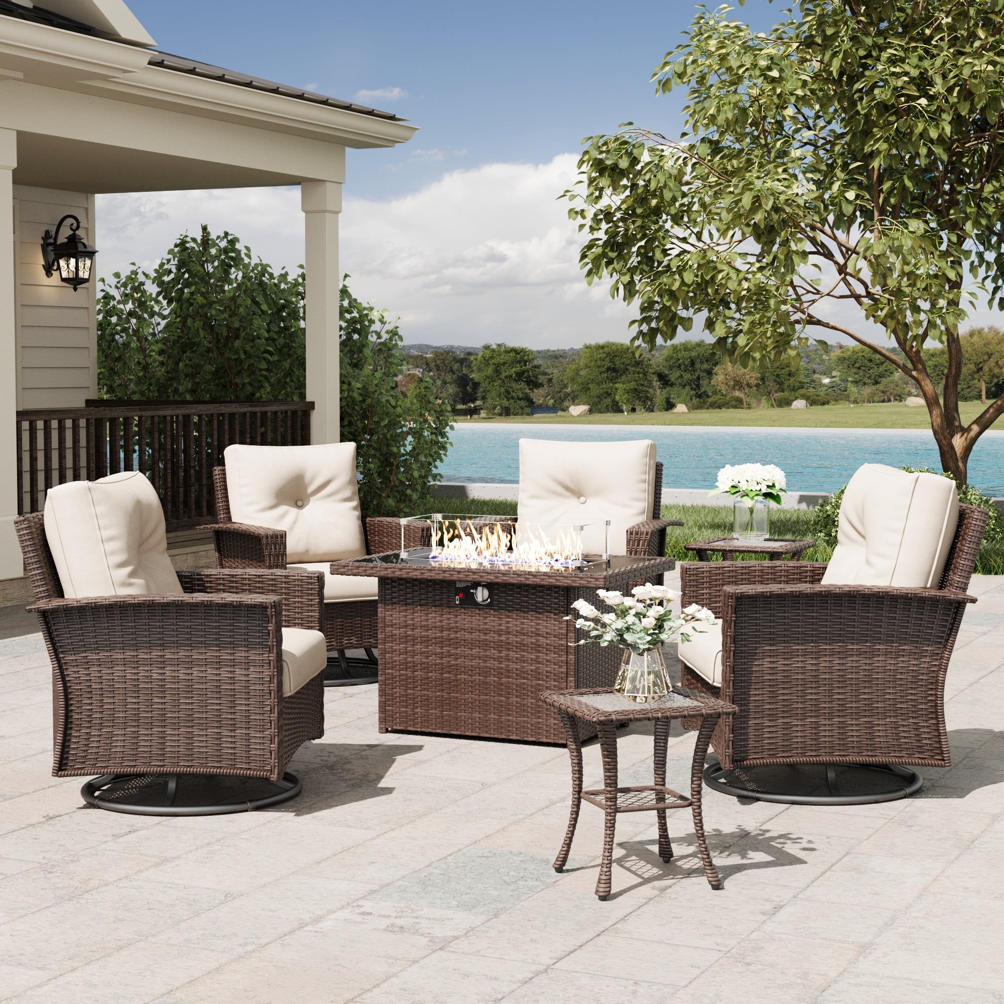LayinSun 7 Piece Patio Set with wicker Swivel Rocking Chairs and Fire Pit
