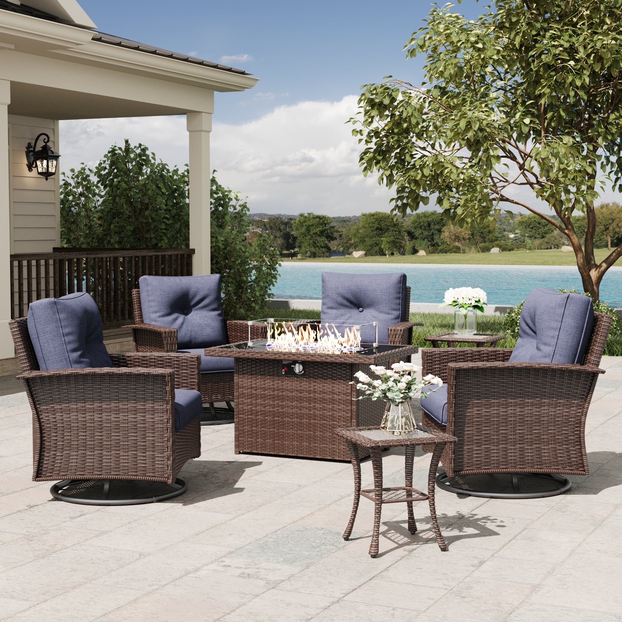 LayinSun 7 Piece Patio Set with wicker Swivel Rocking Chairs and Fire Pit