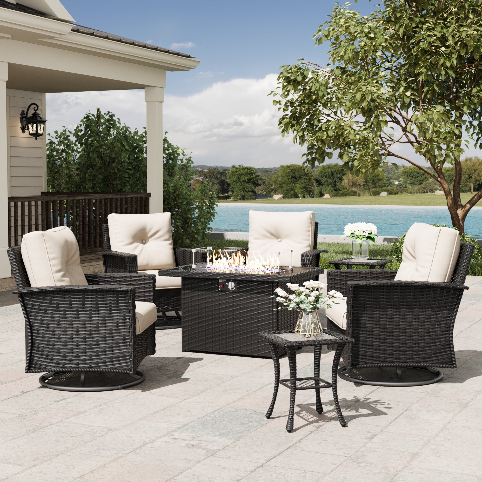 LayinSun 7 Piece Patio Set with wicker Swivel Rocking Chairs and Fire Pit