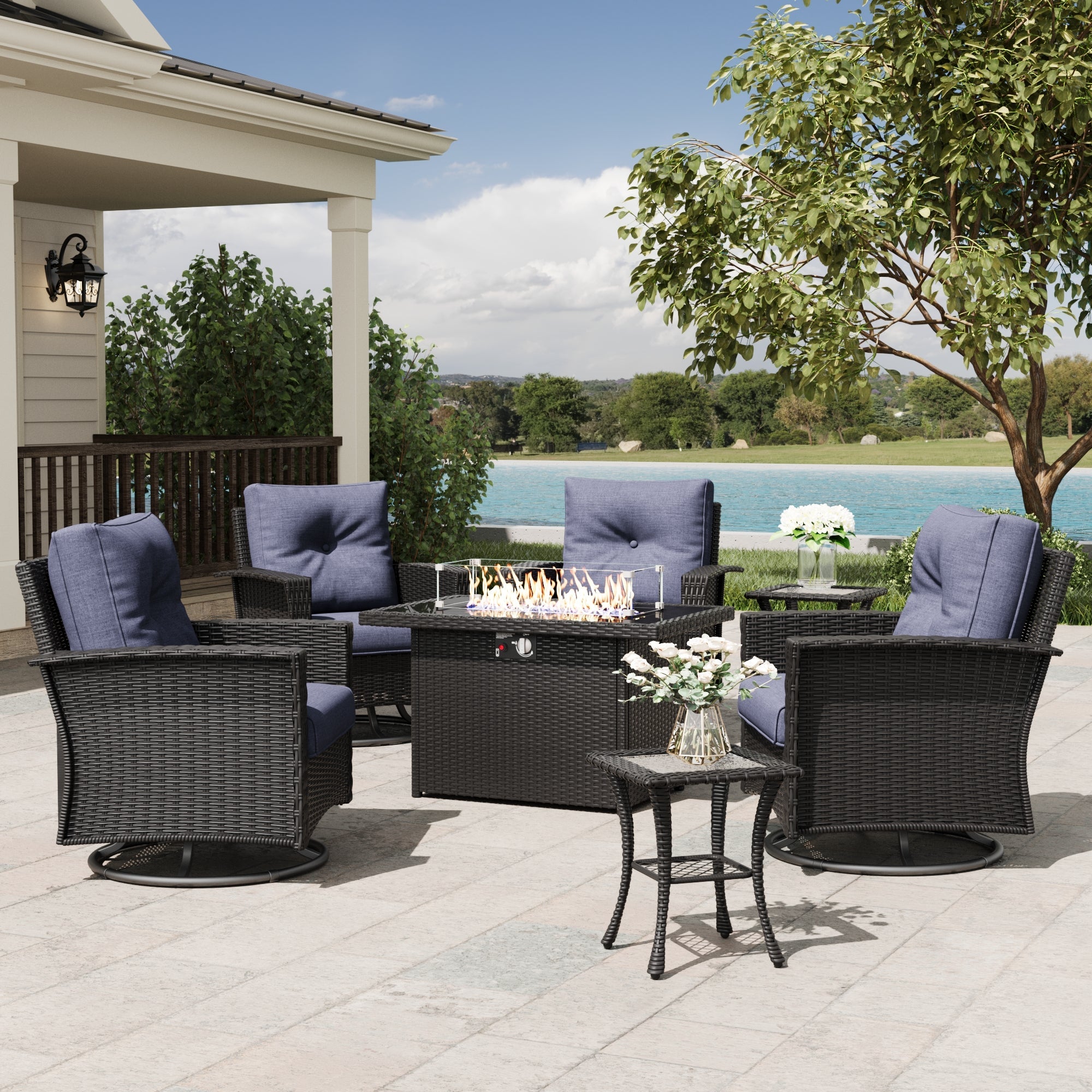 LayinSun 7 Piece Patio Set with wicker Swivel Rocking Chairs and Fire Pit