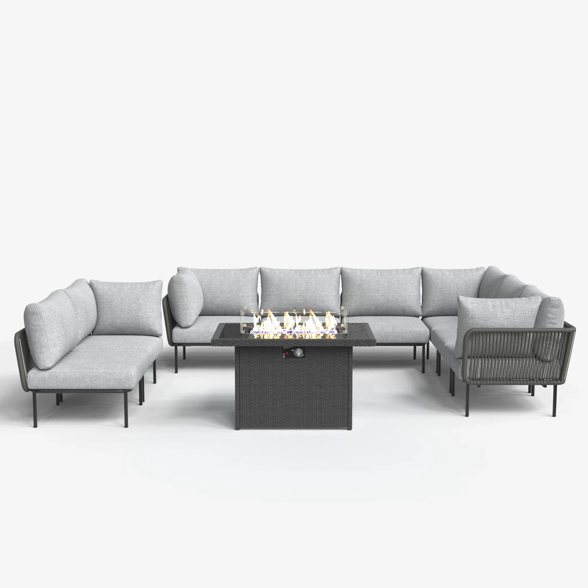 LayinSun 9-Piece Outdoor Wicker Rope Modular Sectional Sofa Set with Fire Pit Table