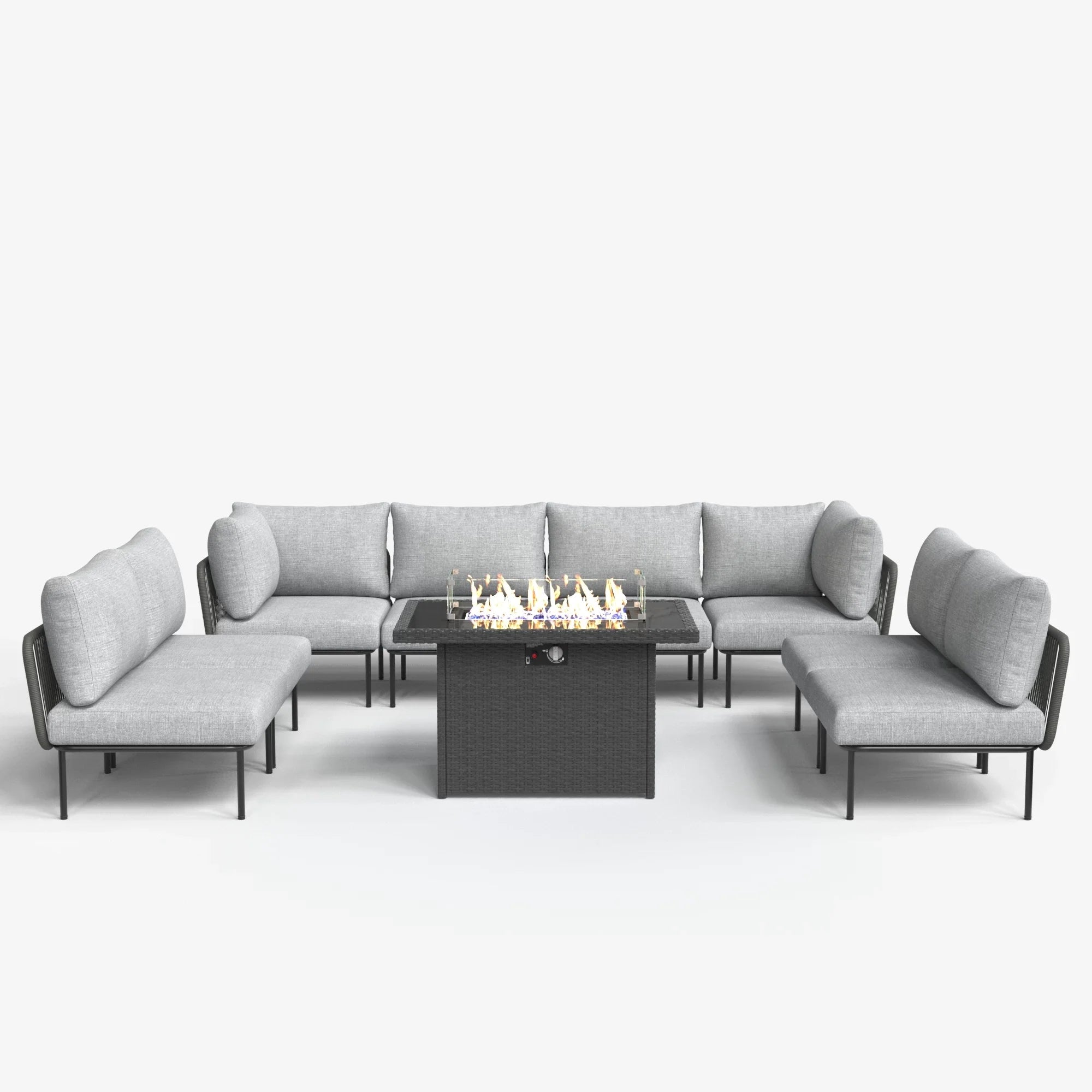 LayinSun 9-Piece Outdoor Wicker Rope Modular Sectional Sofa Set with Fire Pit Table