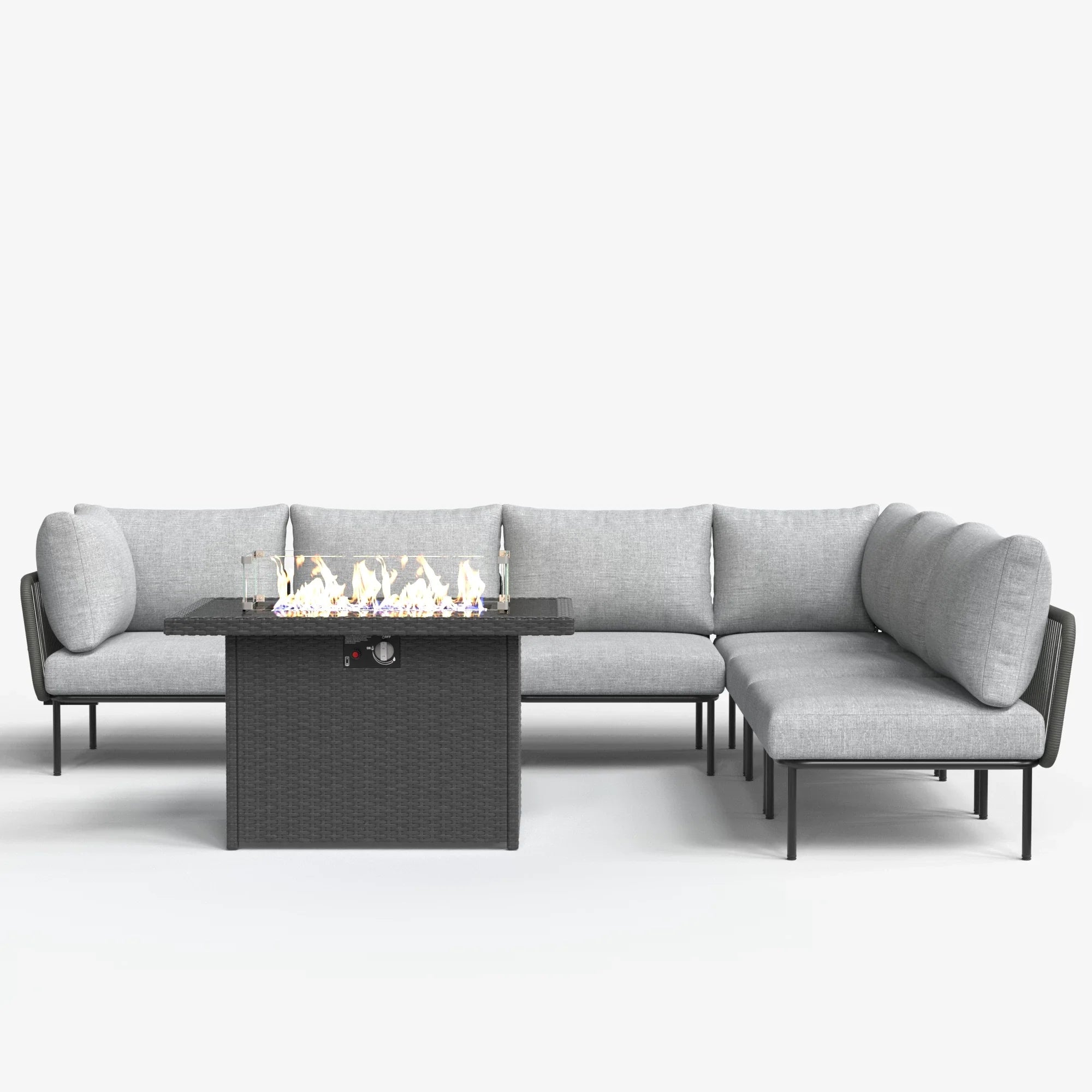 LayinSun 7-Piece Outdoor Wicker Rope Modular Sectional Sofa Set with Fire Pit Table
