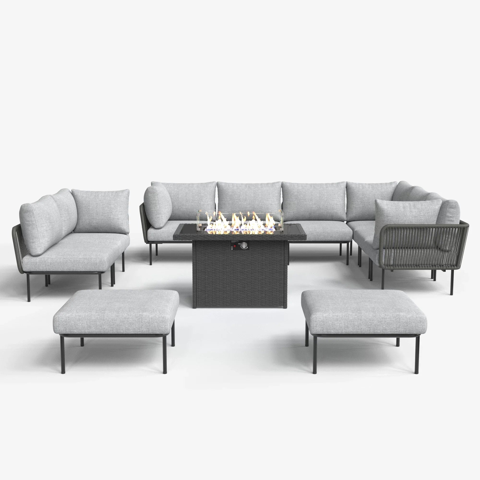 LayinSun 11-Piece Outdoor Wicker Rope Modular Sectional Sofa Set with Fire Pit Table