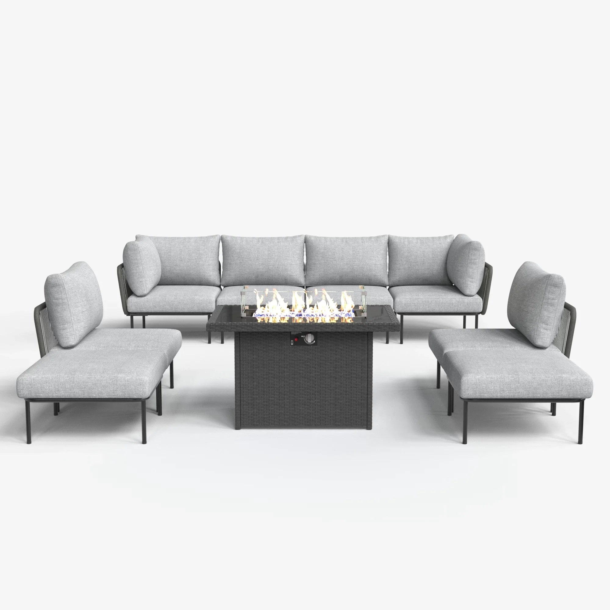 LayinSun 9-Piece Outdoor Wicker Rope Modular Sectional Sofa Set with Fire Pit Table