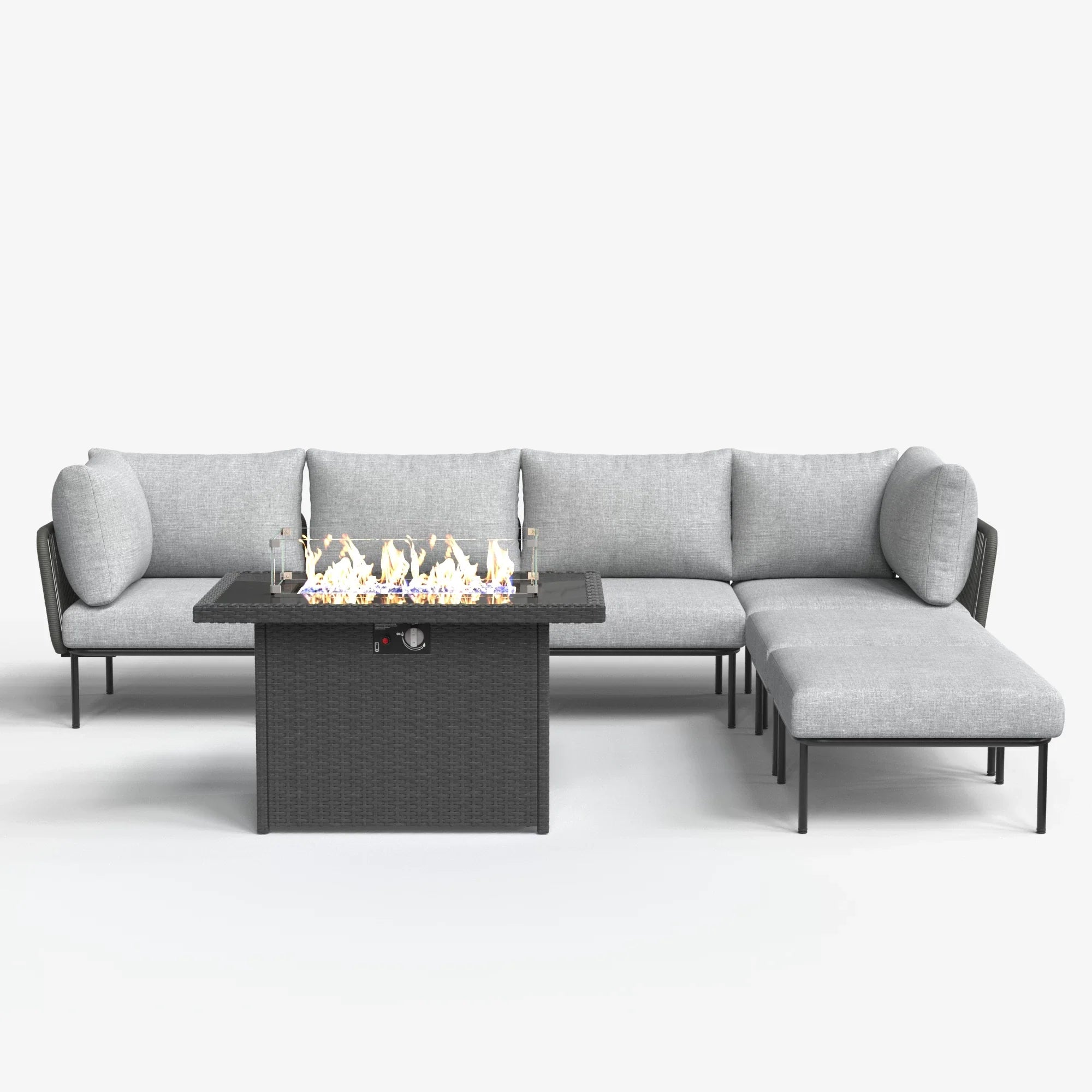 LayinSun 7-Piece Outdoor Wicker Rope Modular Sectional Sofa Set with Fire Pit Table