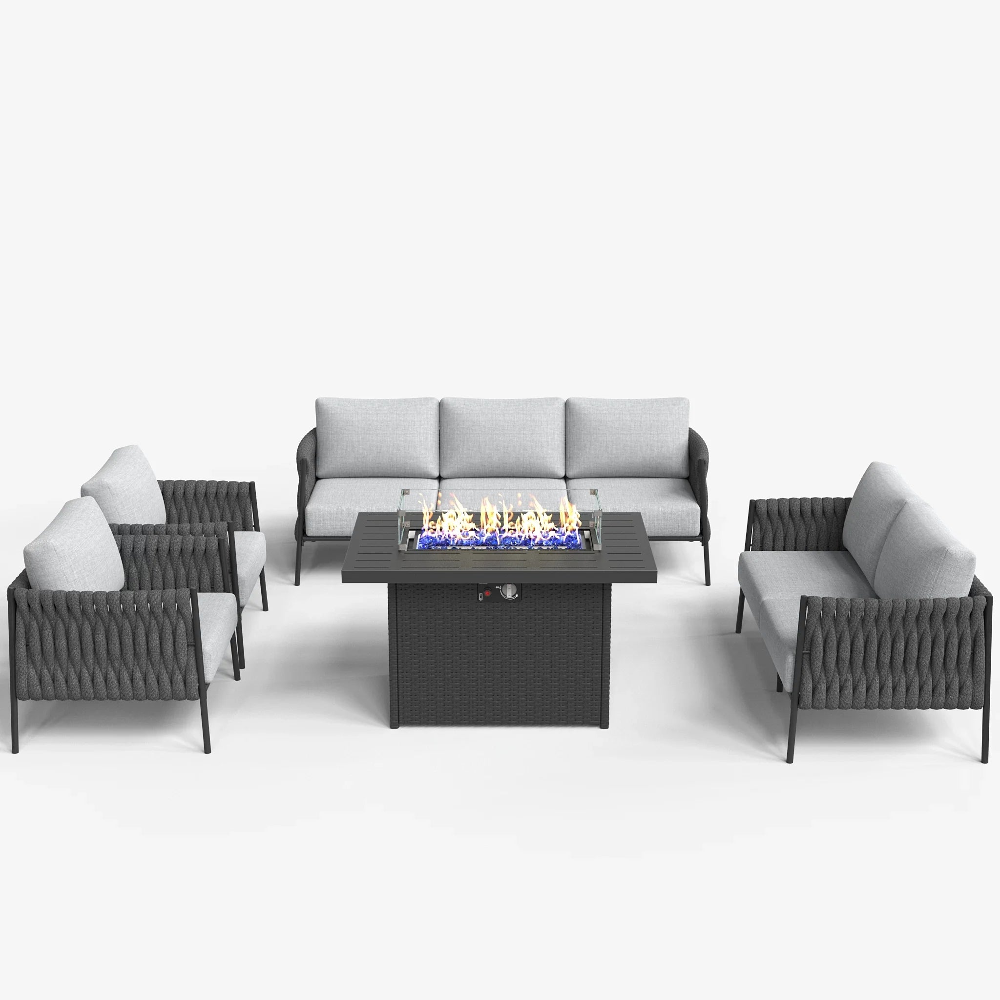 LayinSun 5-Piece Modern Woven Rope Outdoor Furniture Set with Fire Pit Table