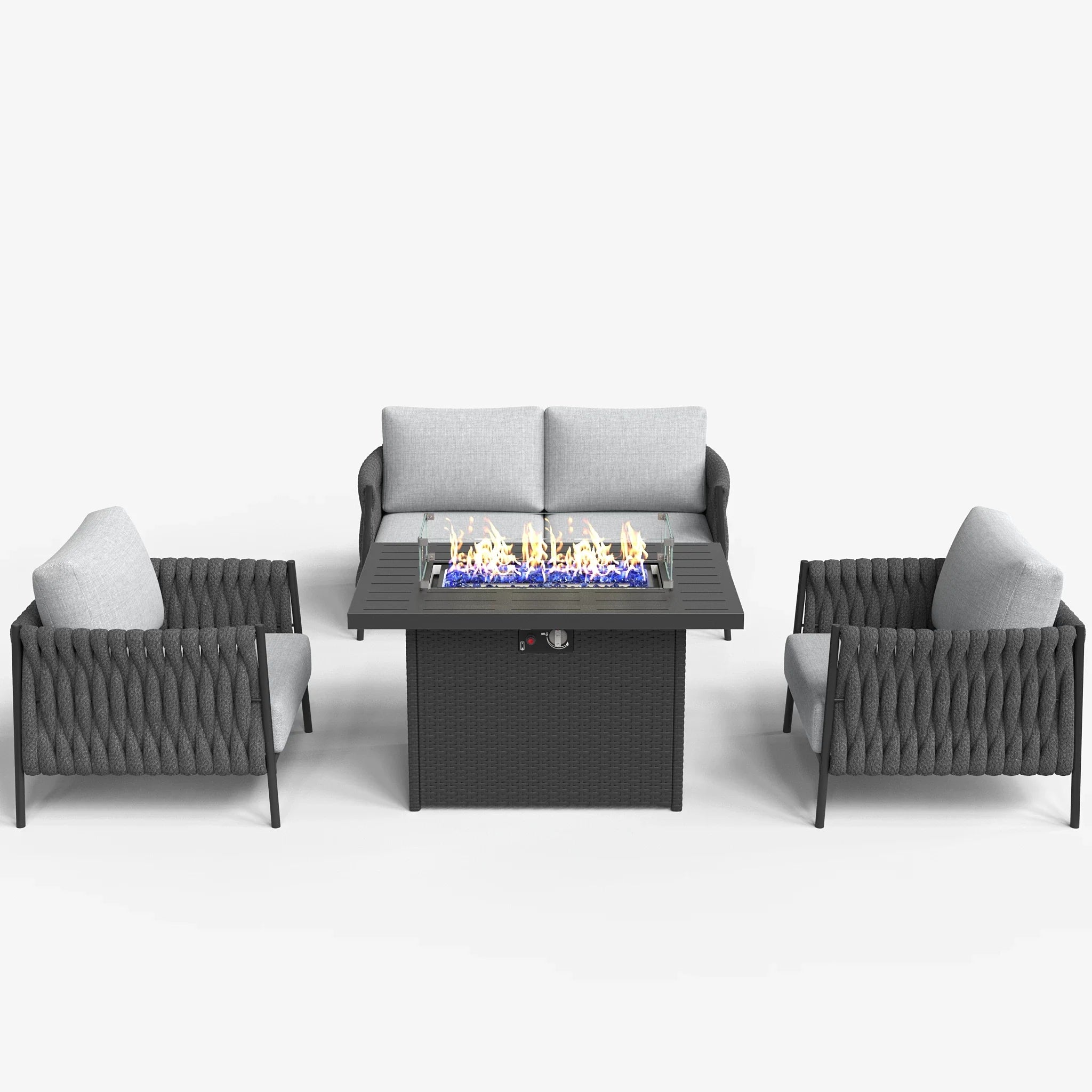 LayinSun 4-Piece Modern Woven Rope Outdoor Furniture Set with Fire Pit Table