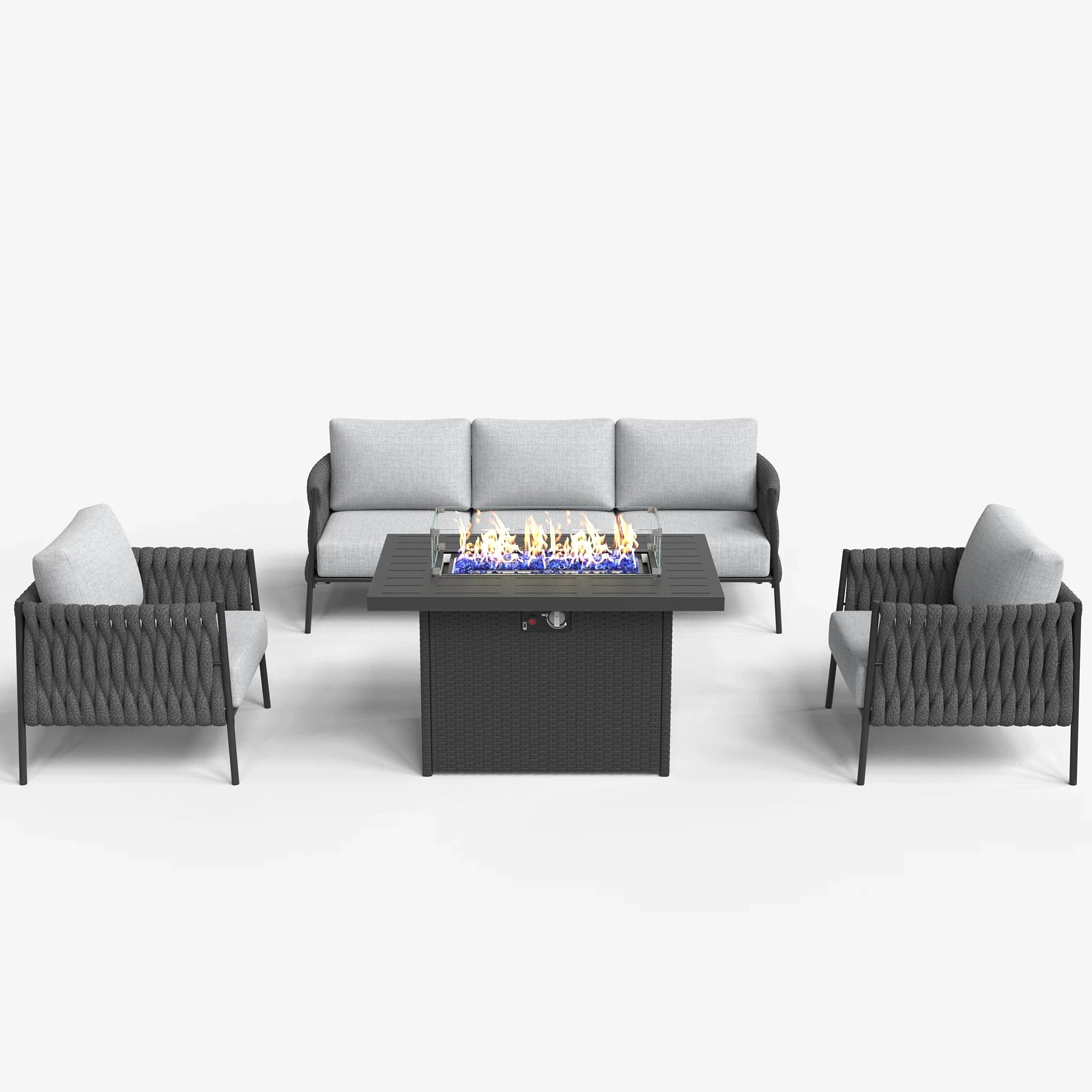 LayinSun 4-Piece Modern Woven Rope Outdoor Furniture Set with Fire Pit Table